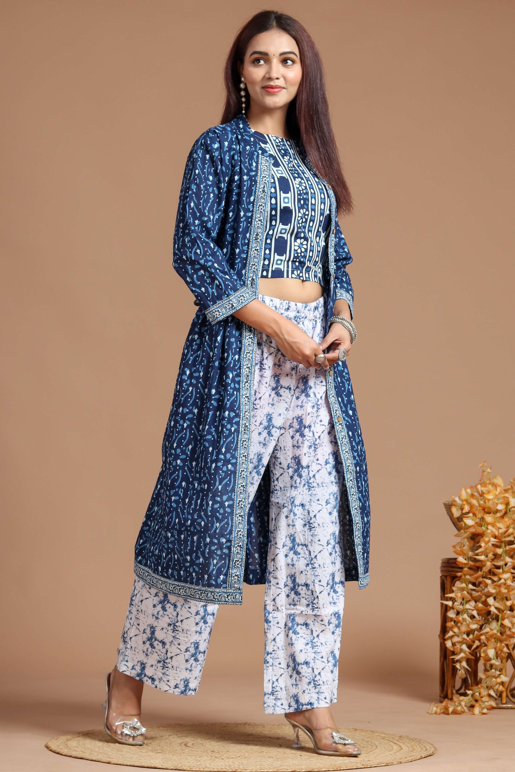 Women's Printed Long Shrug with Crop Top & Floral Pant Set