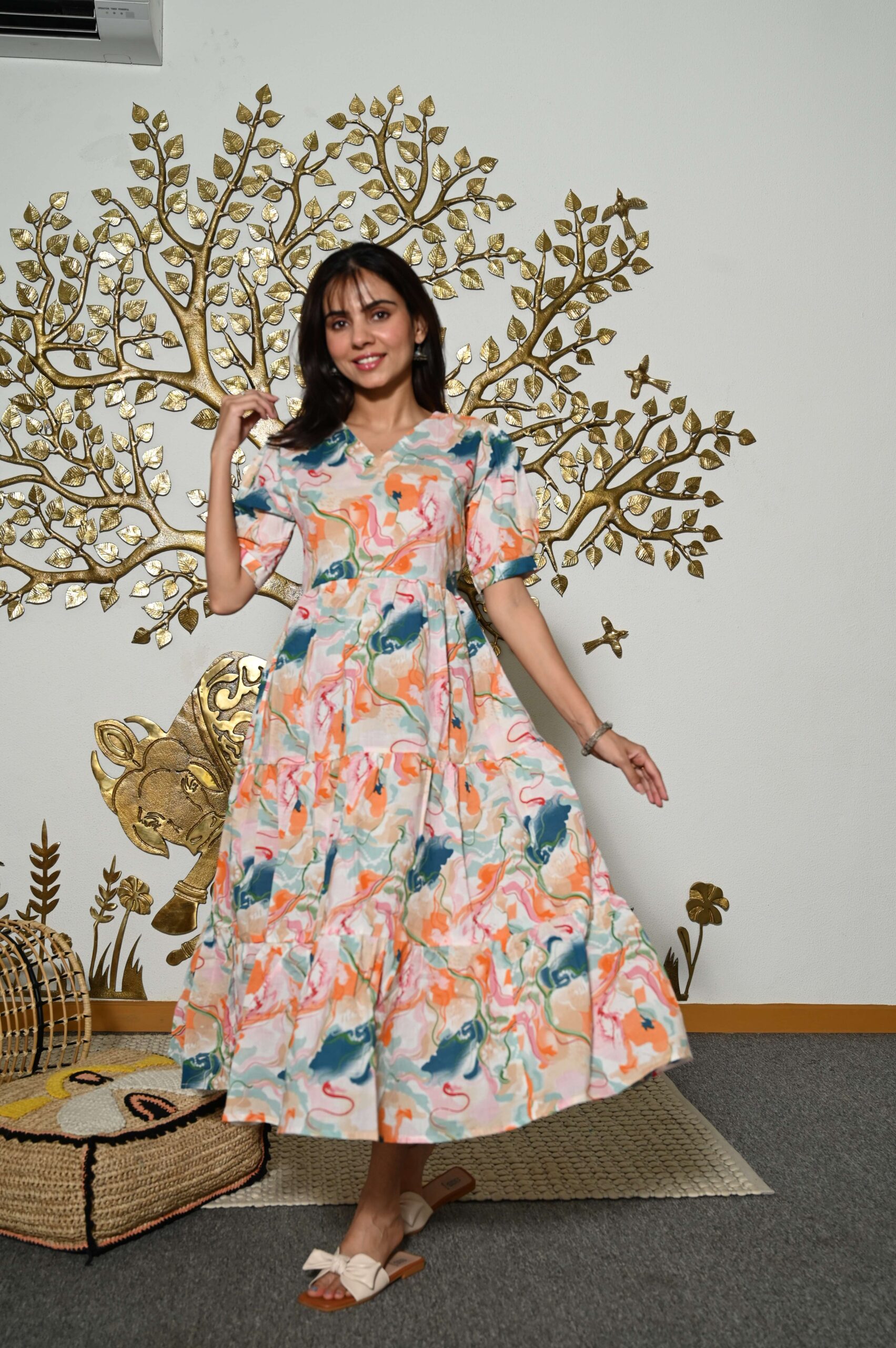 Multi-Color Printed Cotton Anarkali Maxi Dress with Puff Sleeves Elegant Casual Wear