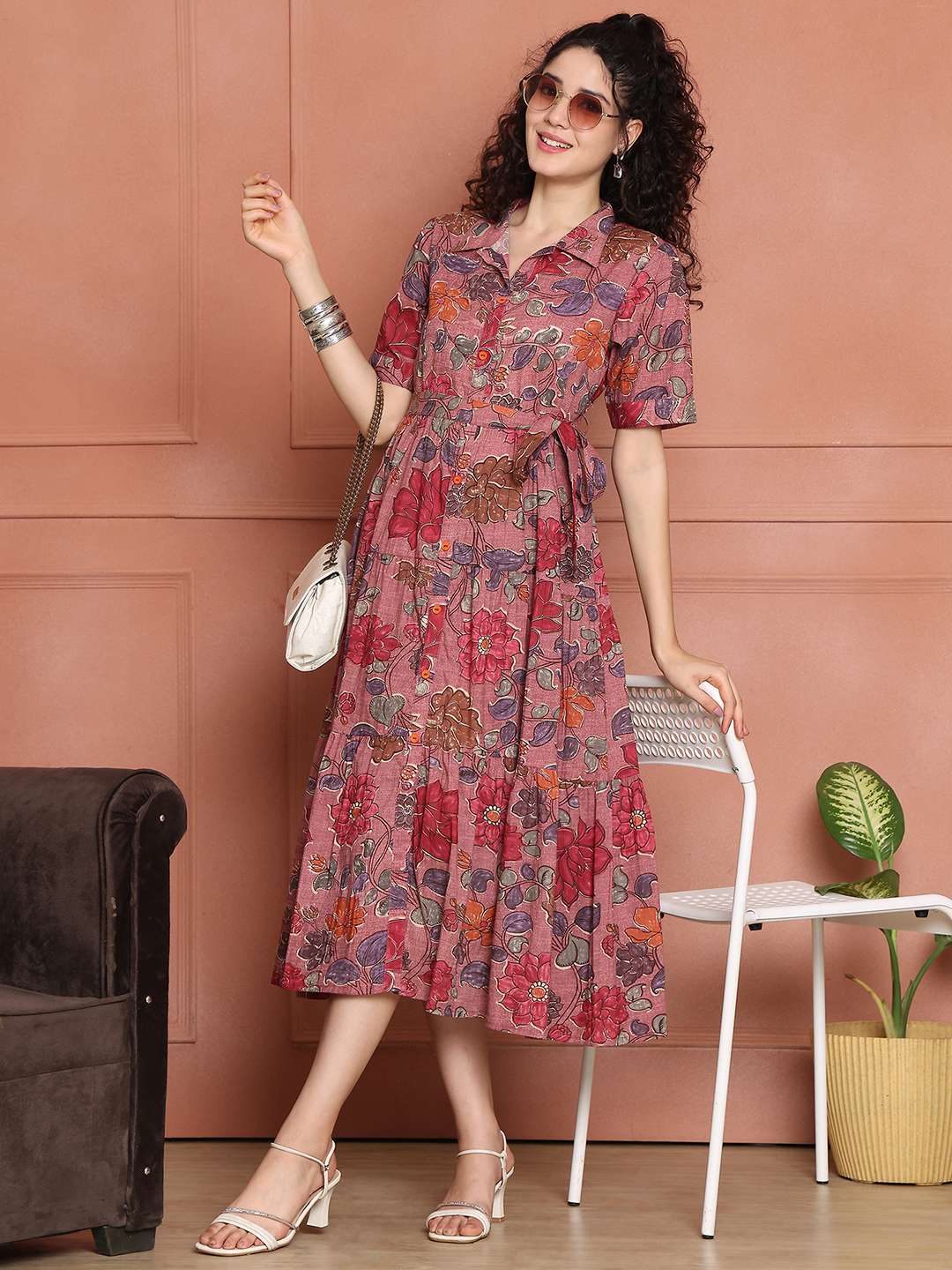 Women's Cotton Printed A-Line Midi Dress | Short Sleeve Flared Gown Dress (Pink)