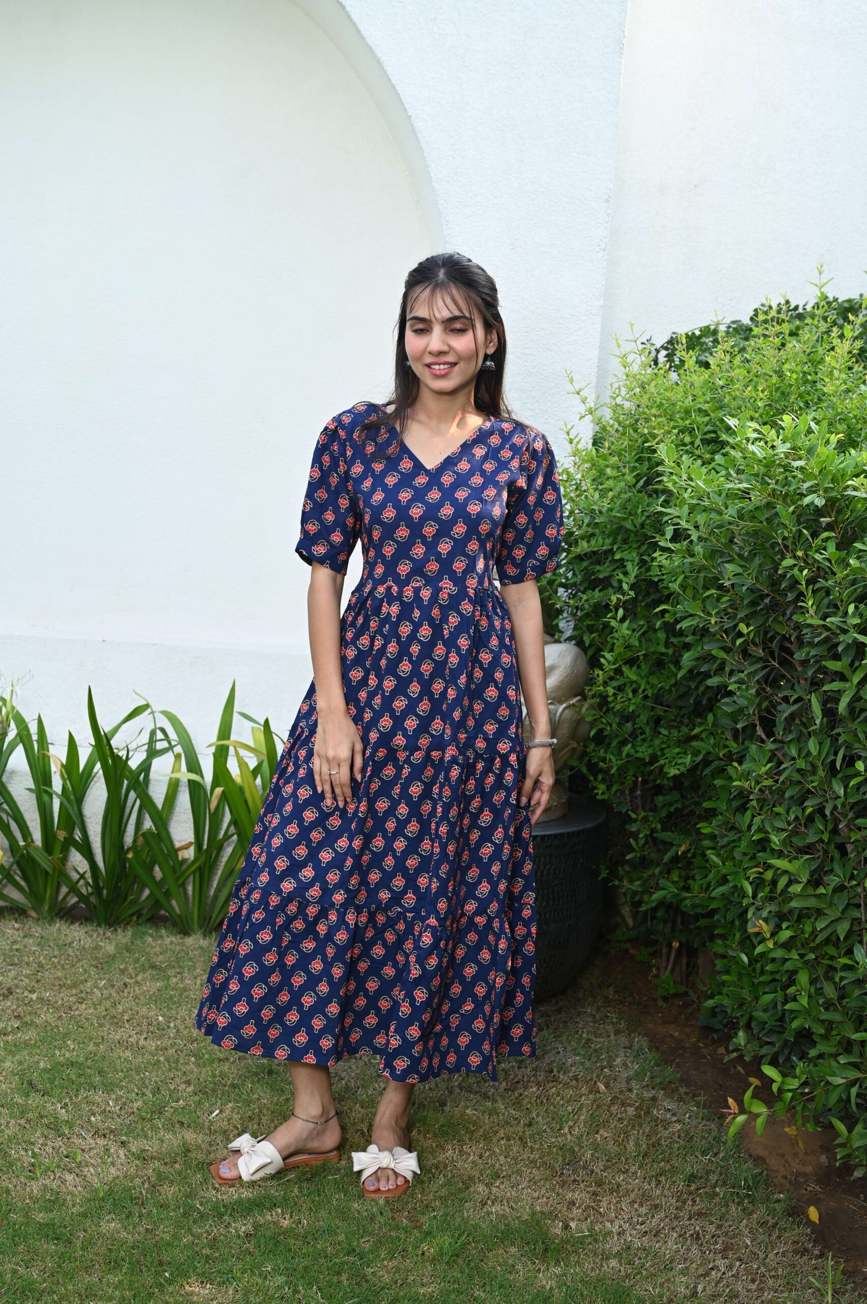 Navy Blue Floral Printed Cotton Anarkali Maxi Dress with Puff Sleeves Elegant Casual Wear