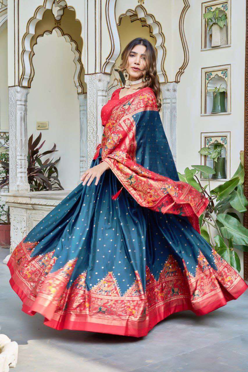 Teal Blue Dola Silk Lehenga Choli with Red Blouse | Bandhej & Ajarakh Print | Wedding & Festive Wear