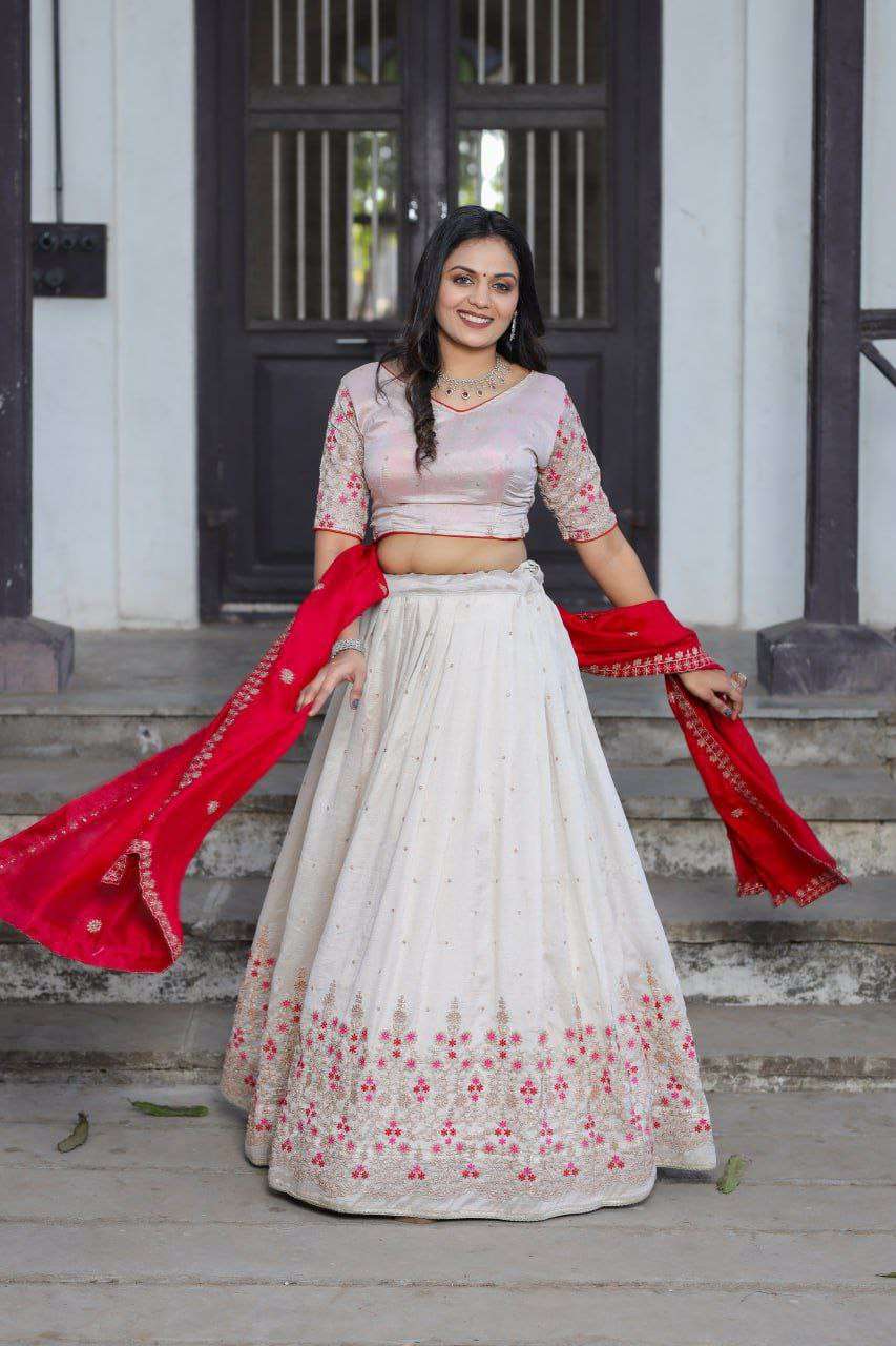 White Vichitra Silk Lehenga Choli with Red Blouse | Sequins & Thread Embroidery | Bridesmaid & Wedding Wear
