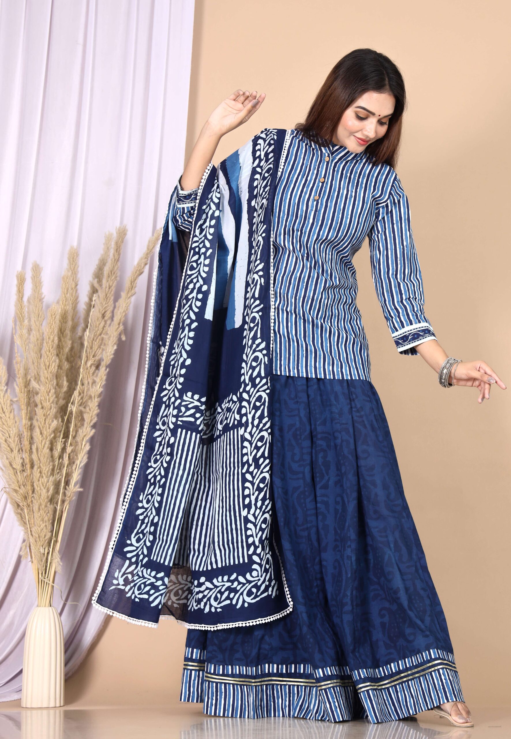 Women’s Blue Cotton Printed Lehenga Choli Dupatta Set