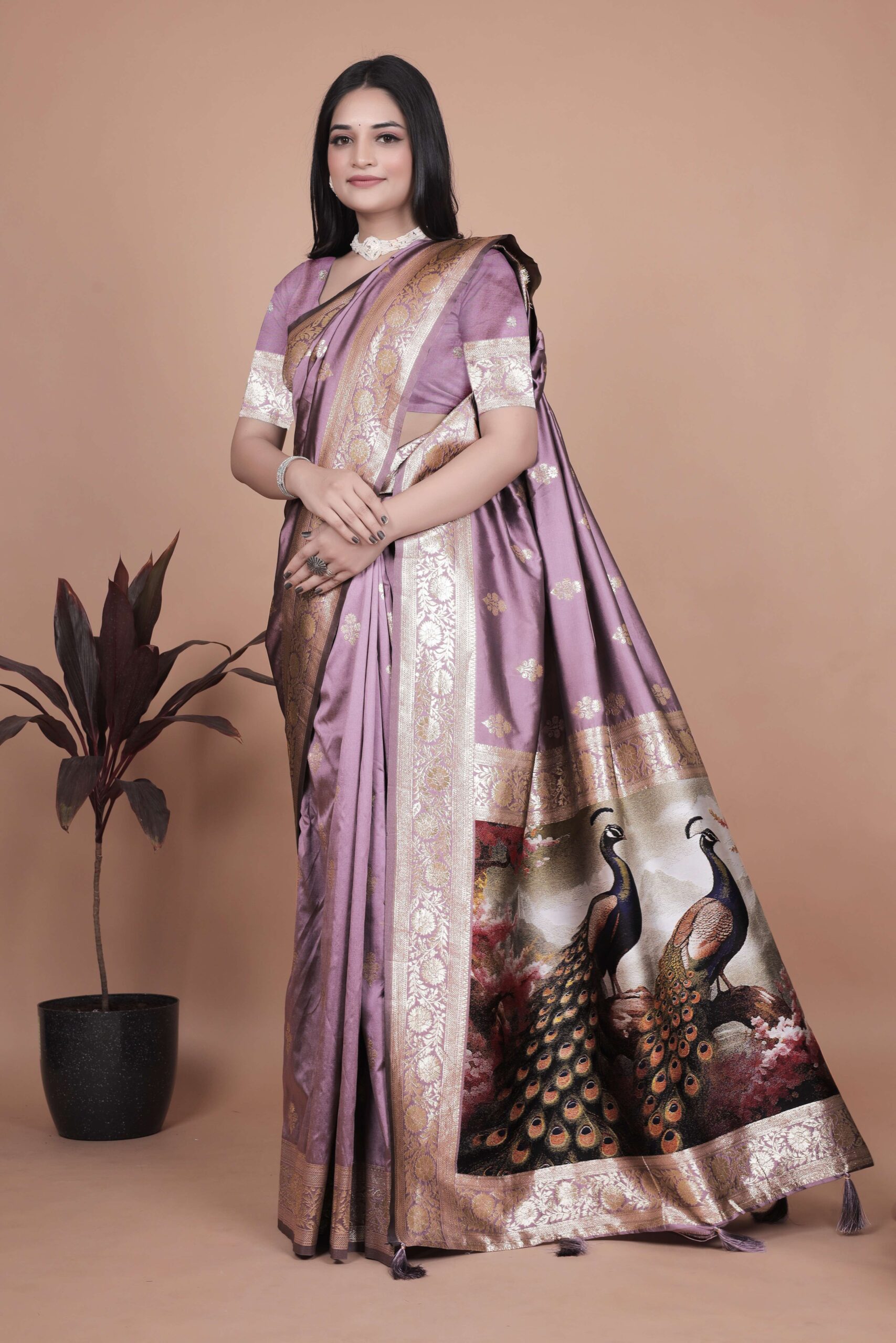 Lavender Banarasi Silk Saree with Golden Zari & Peacock Motif Pallu | Wedding, Festive & Traditional Wear