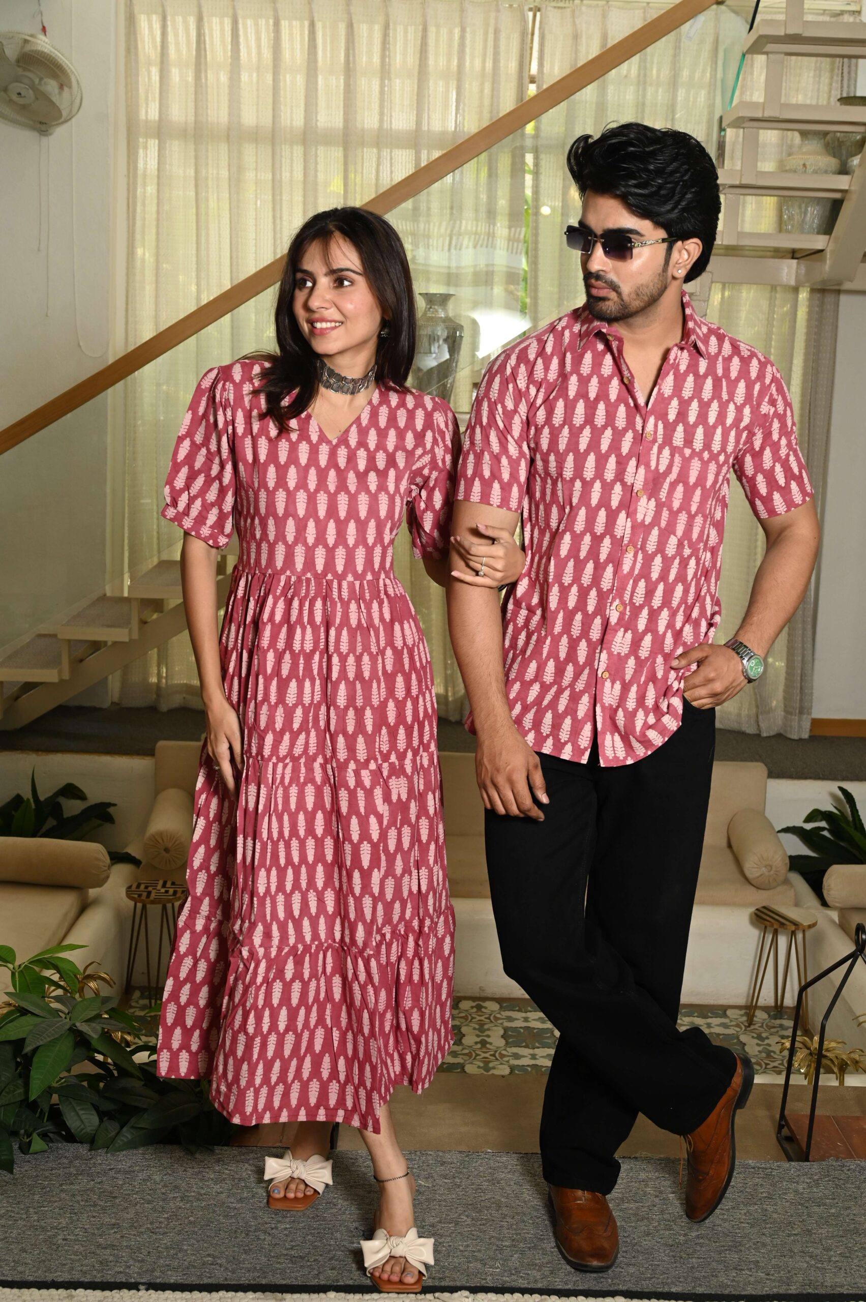 Couple Matching Pink Cotton Anarkali Midi Dress and Shirt Set ? White Handblock Leaf Print
