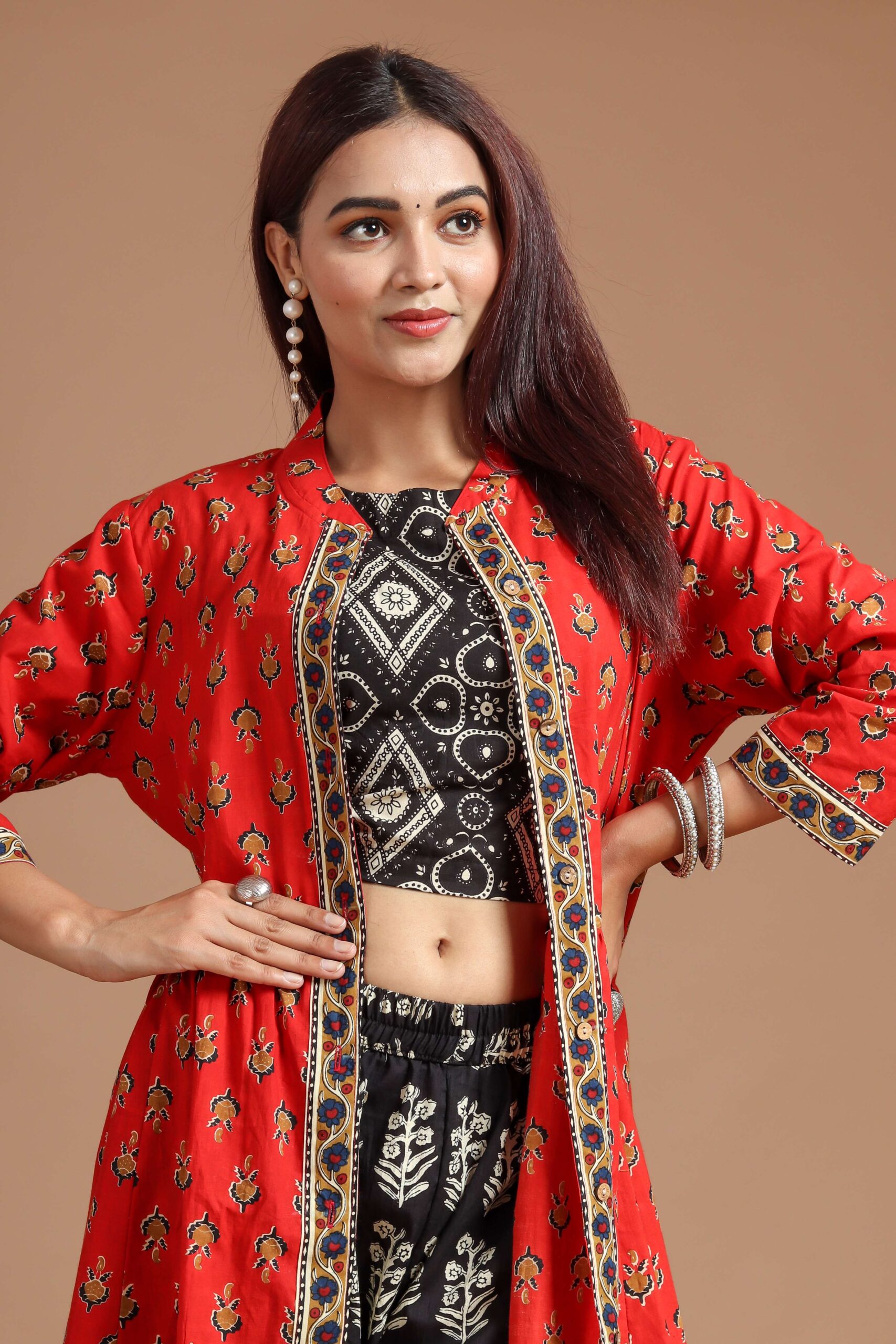 Women's Printed Long Shrug with Crop Top & Floral Pant Set