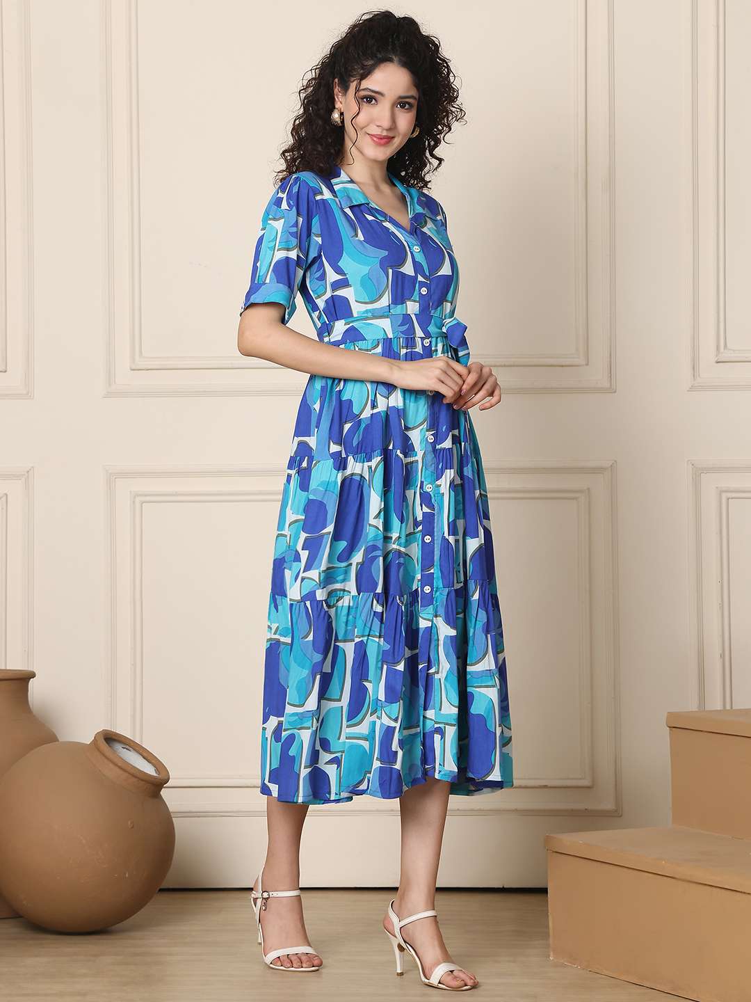 Women's Cotton Printed A-Line Midi Dress | Short Sleeve Flared Gown Dress (Navy Blue)