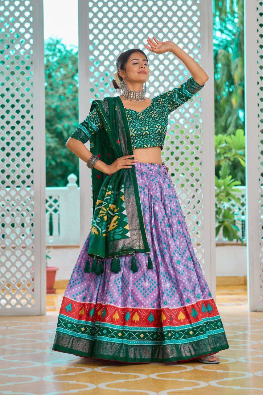 Light Baby Pink Tussar Silk Lehenga Choli with Green Blouse | Minakari & Foil Print | Wedding & Festive Wear