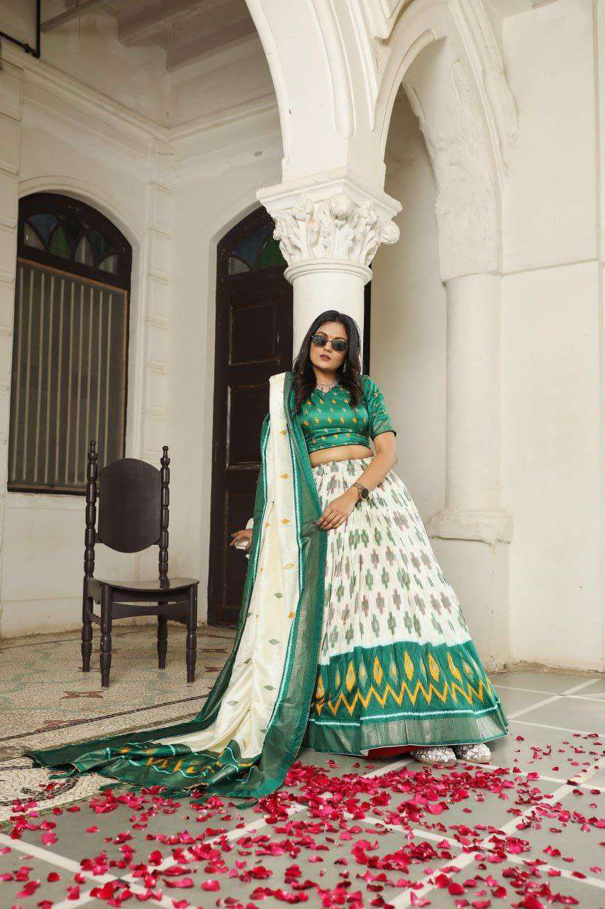 White Dola Silk Lehenga Choli with Bottle Green Blouse | Patola Print & Foil Work | Wedding & Festive Wear