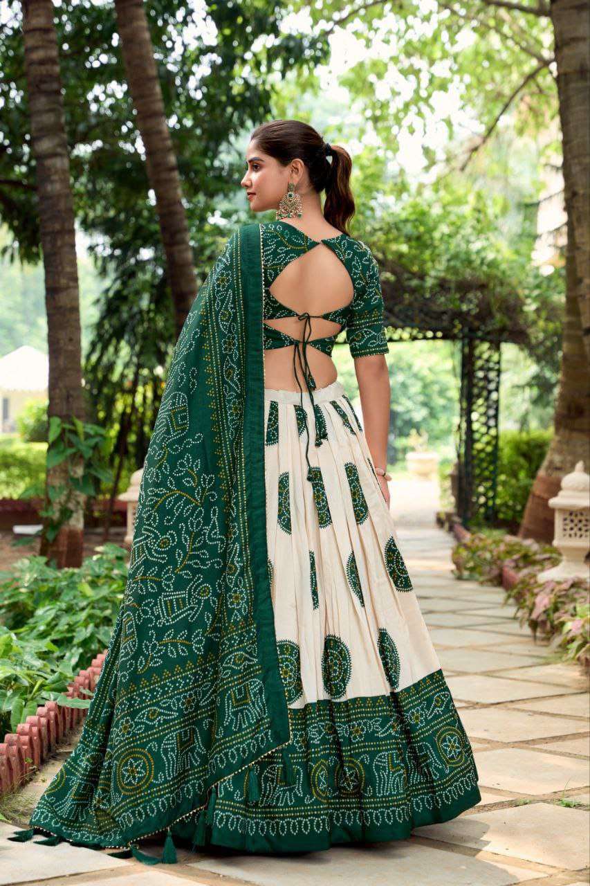 White Dola Silk Lehenga Choli with Forest Green Blouse | Bandhej & Patola Print | Wedding & Festive Wear