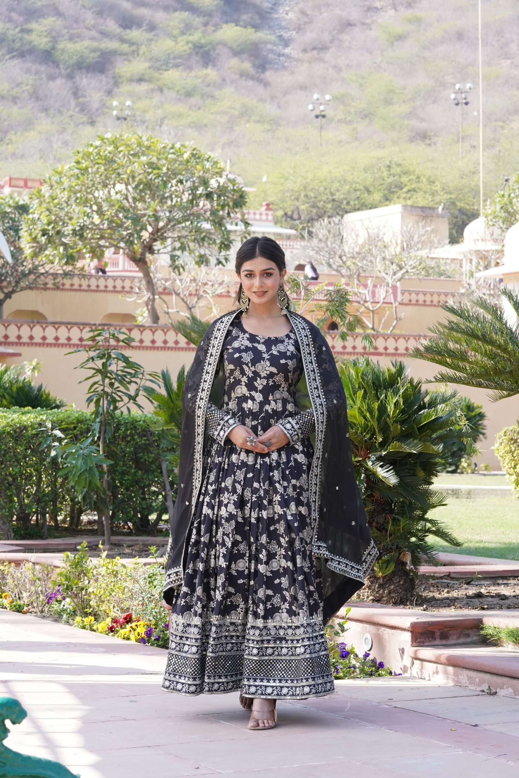 Black Viscose Dyable Jacquard Gown with Russian Silk Sequined Dupatta ? Elegant Party & Wedding Set