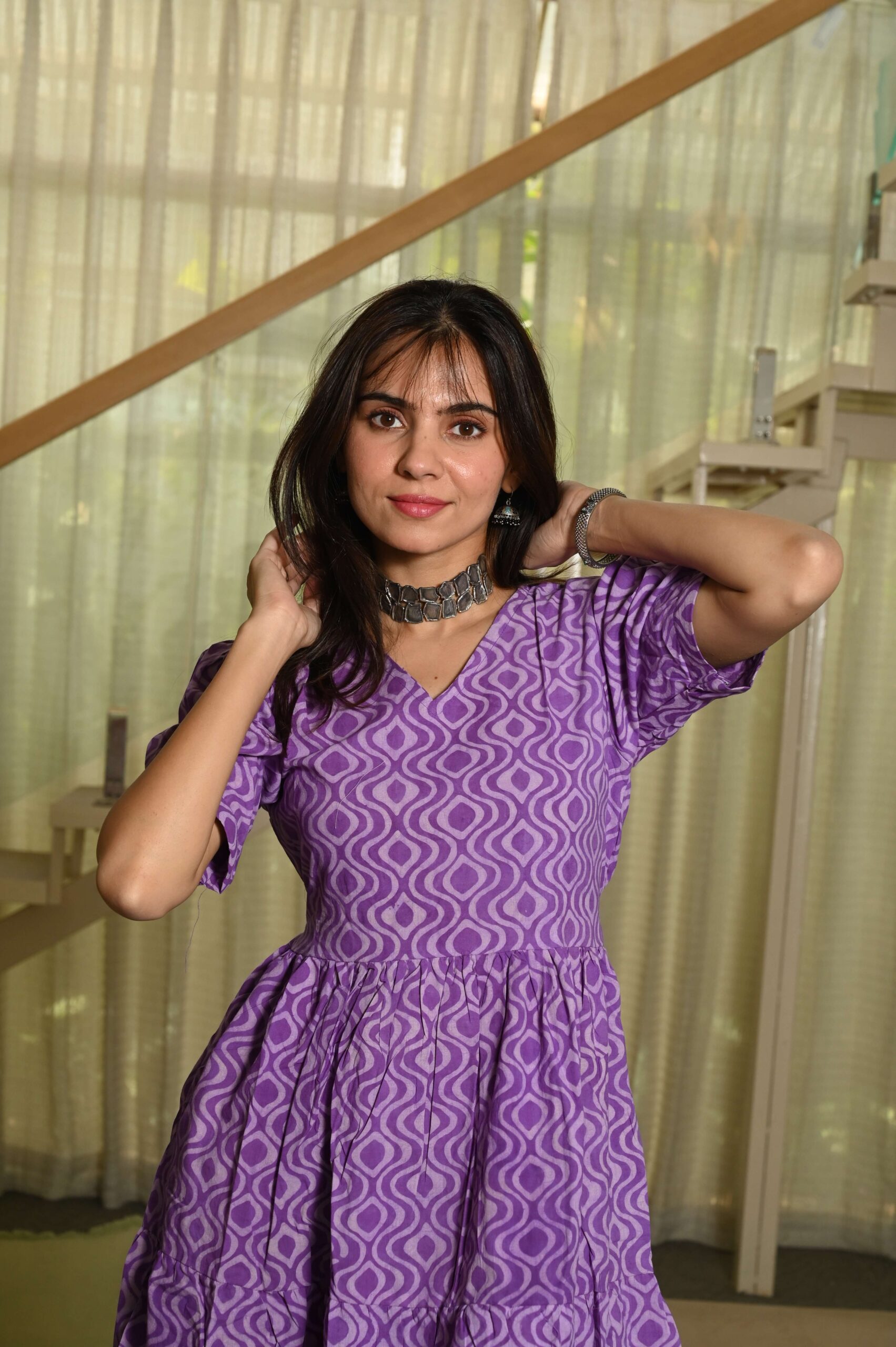 Purple Printed Cotton Anarkali Maxi Dress with Puff Sleeves Elegant Casual Wear