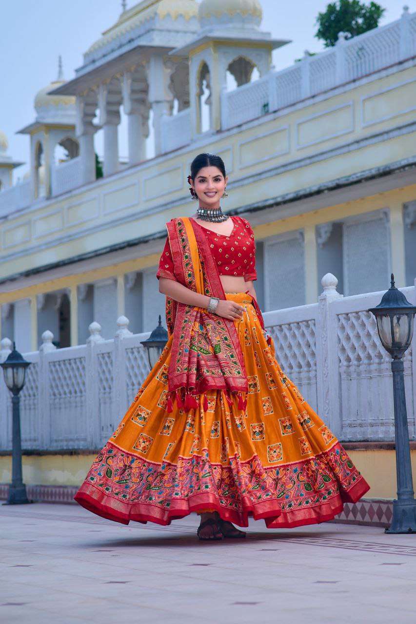 Orange Tussar Silk Lehenga Choli with Red Blouse | Bandhani Peacock & Foil Print | Wedding & Festive Wear