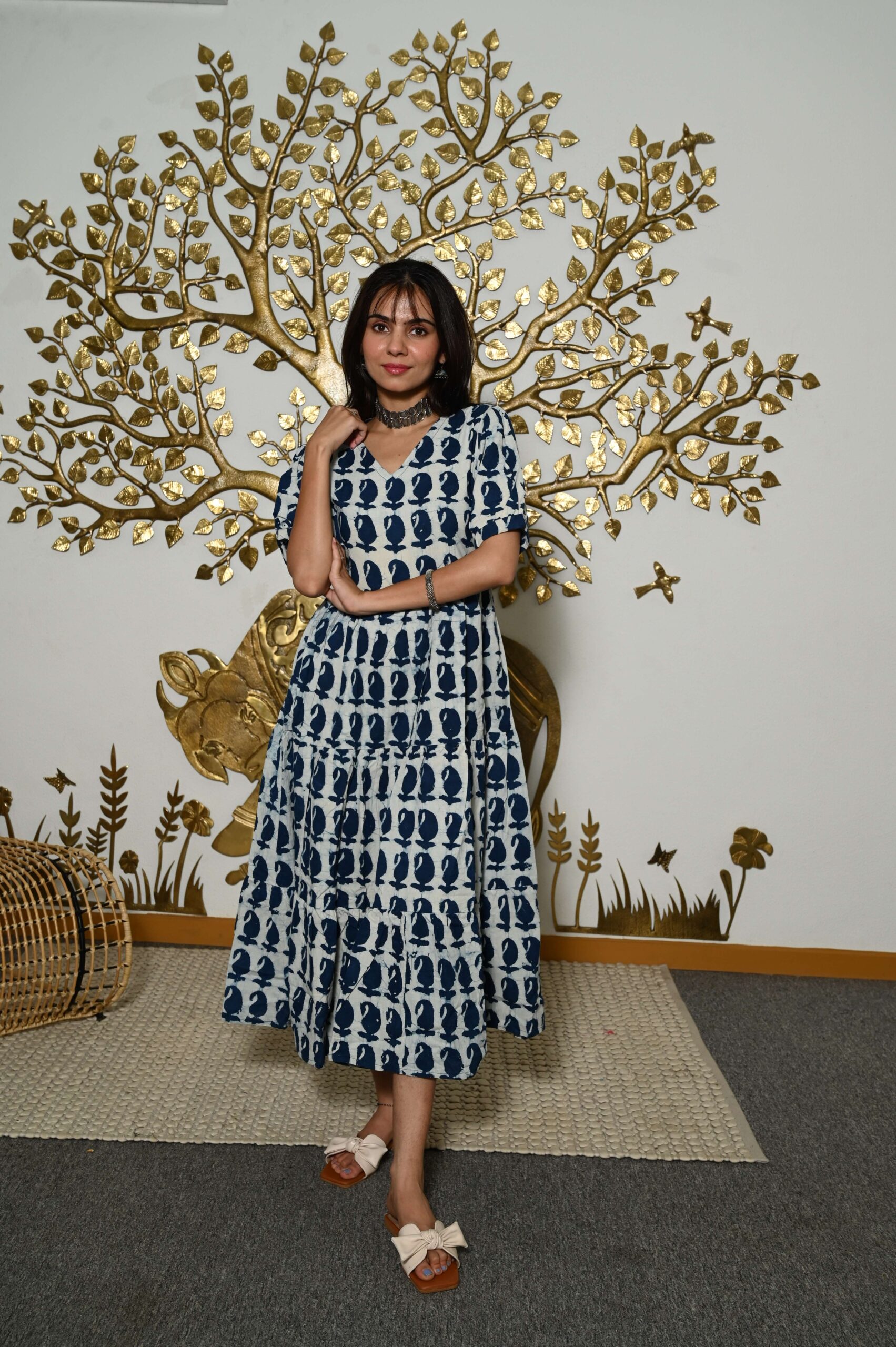White And Blue Printed Cotton Anarkali Maxi Dress with Puff Sleeves Elegant Casual Wear