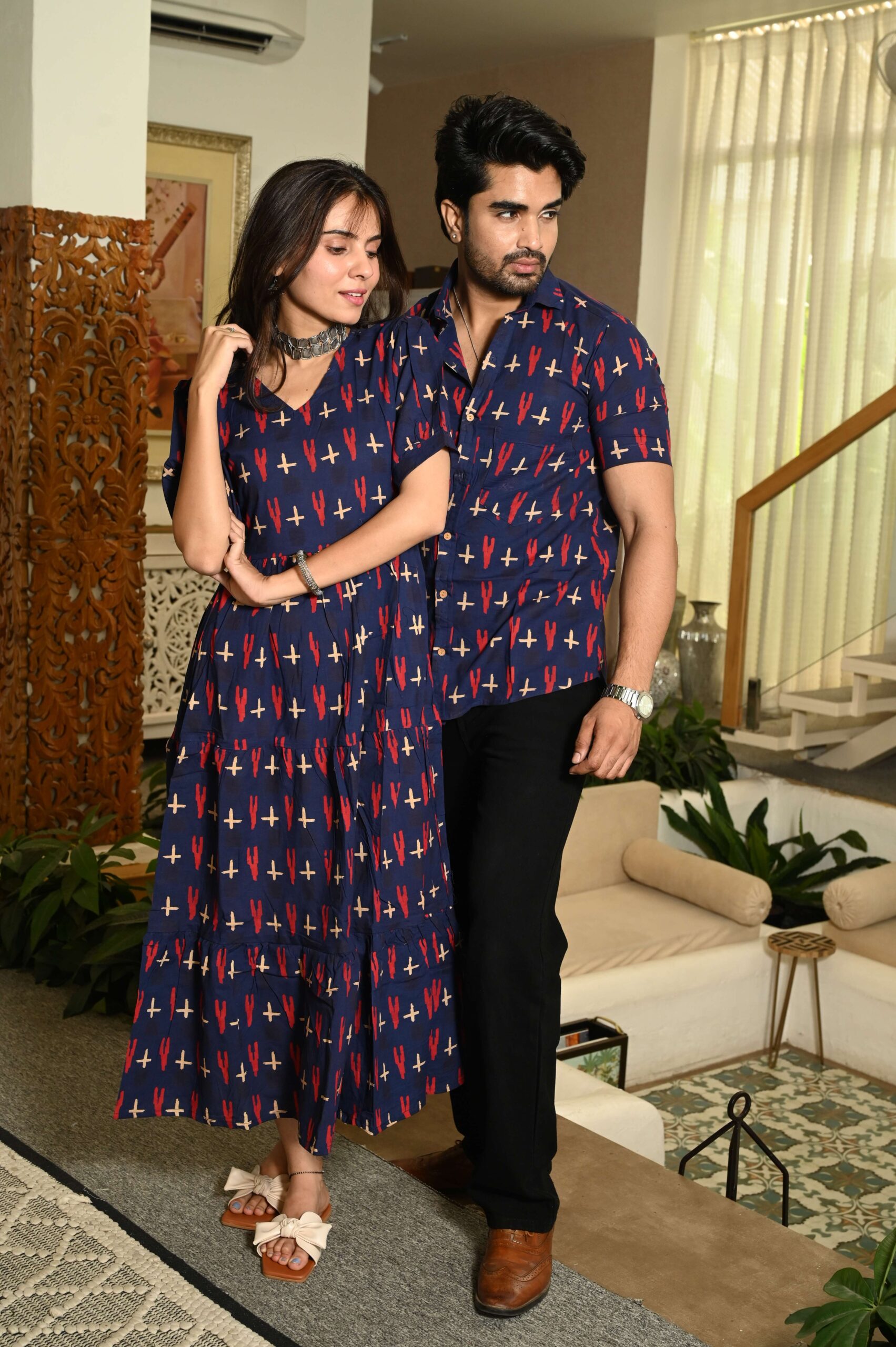 Couple Matching Navy Blue Cotton Printed Anarkali Midi Dress & Shirt Set ? Casual & Festive Wear