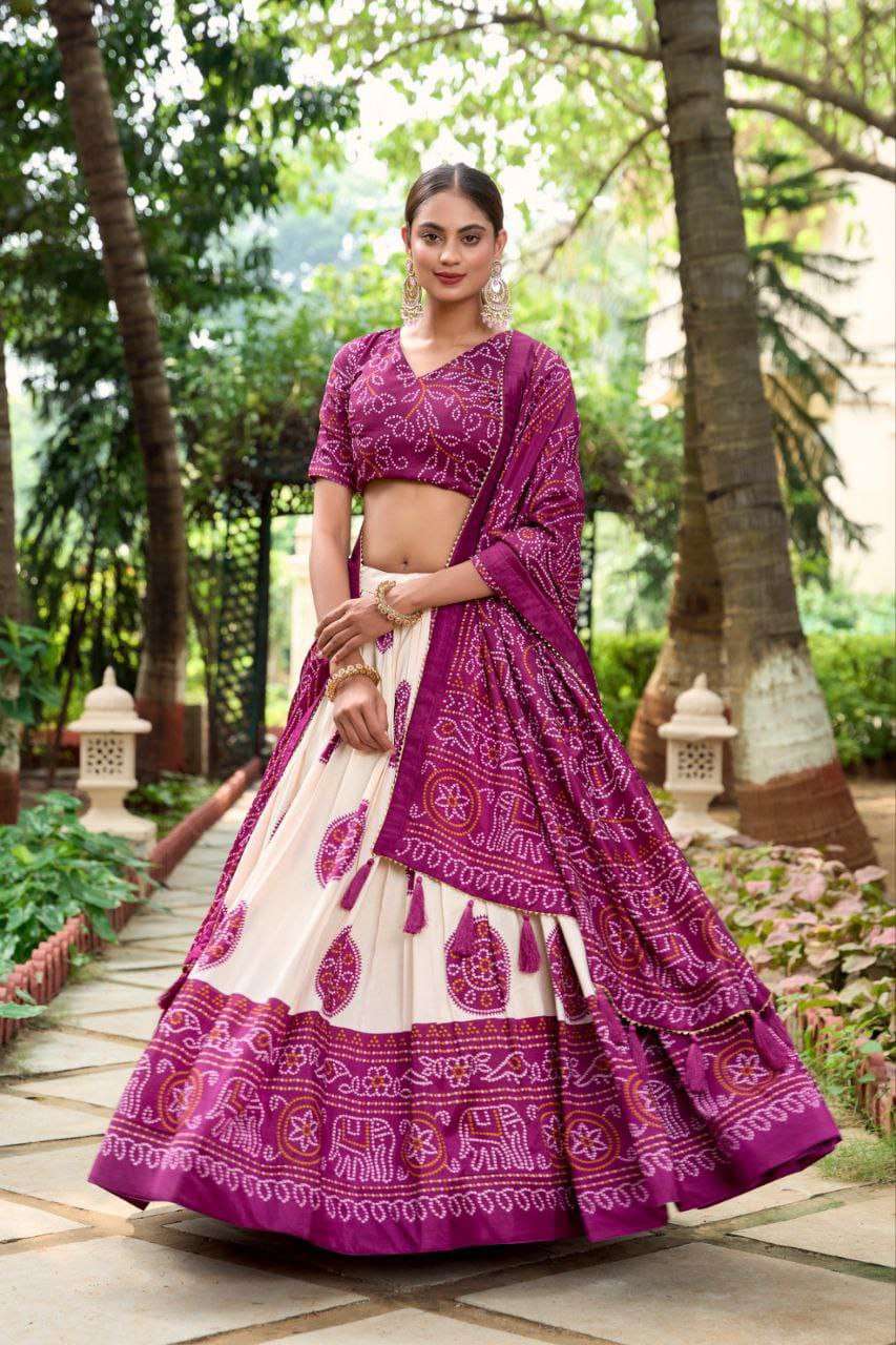 White Dola Silk Lehenga Choli with Purple Blouse & Dupatta | Bandhej & Patola Print | Wedding & Festive Wear
