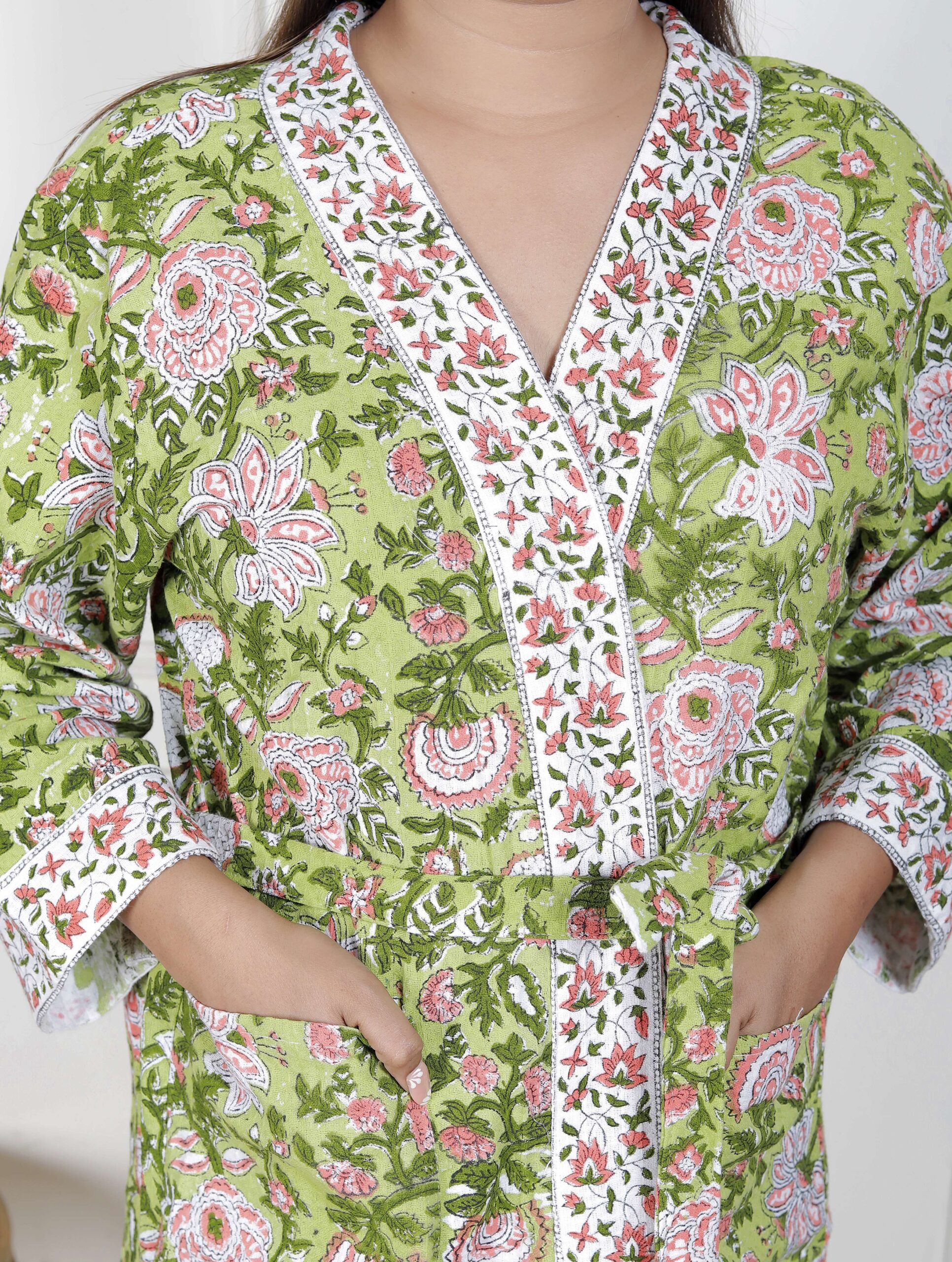 Handcrafted Cotton Block Printed Long Robe | Comfortable Loungewear & Bathrobe for Women