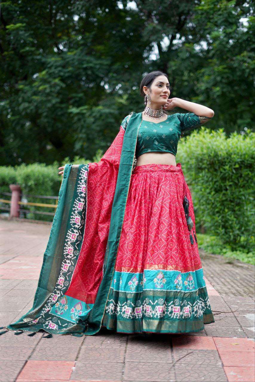 Green Dola Silk Lehenga Choli with Red Blouse | Bandhej & Ajarakh Print | Wedding & Festive Wear