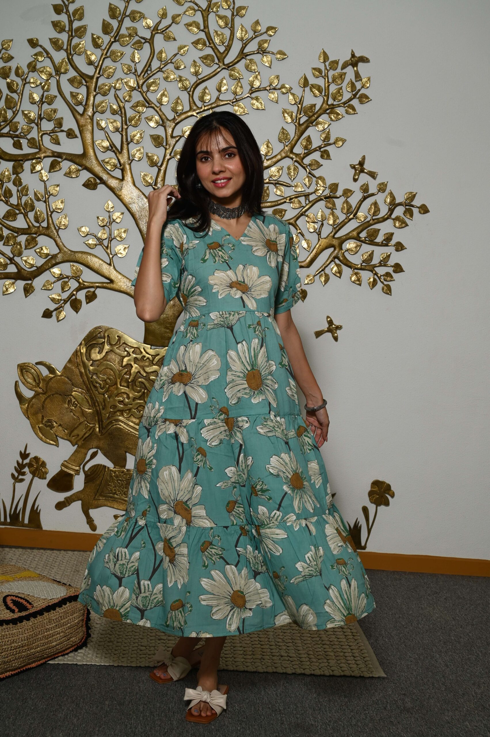 Teal-Blue Printed Cotton Anarkali Maxi Dress with Puff Sleeves Elegant Casual Wear
