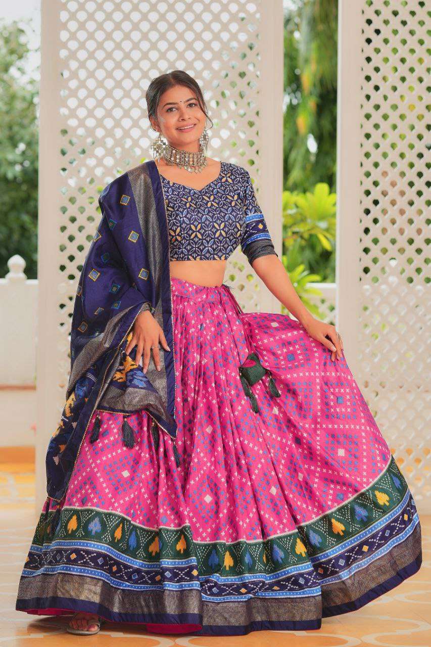 Pink Tussar Silk Lehenga Choli with Navy Blue Blouse | Minakari & Foil Print | Wedding & Festive Wear