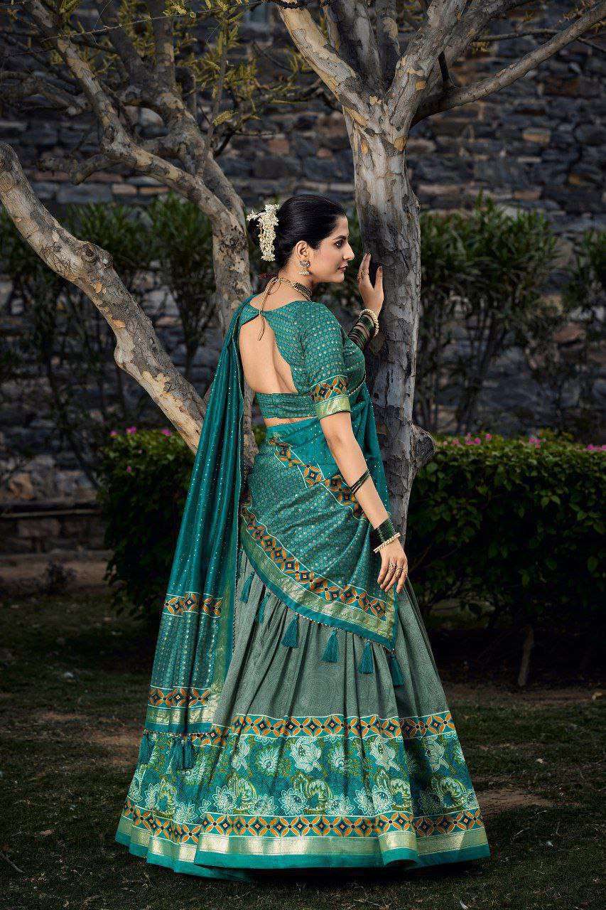 Sea Green Tussar Silk Lehenga Choli with Sea Green Blouse | Floral & Foil Print | Wedding & Festive Wear