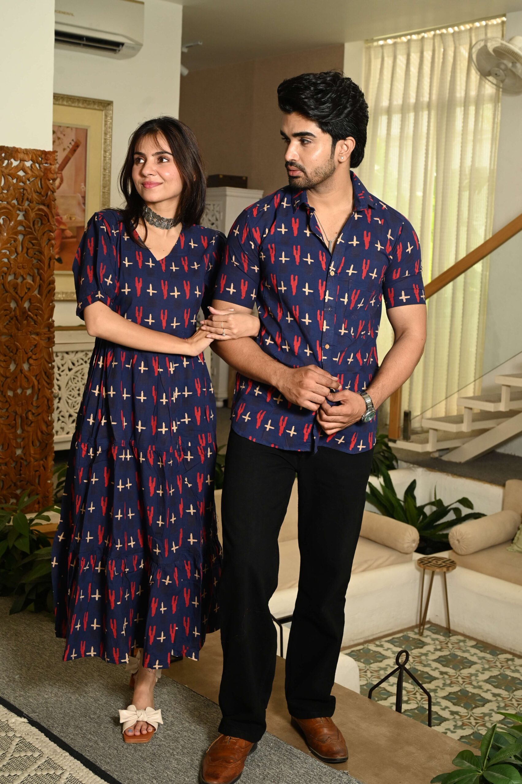 Couple Matching Navy Blue Cotton Printed Anarkali Midi Dress & Shirt Set ? Casual & Festive Wear