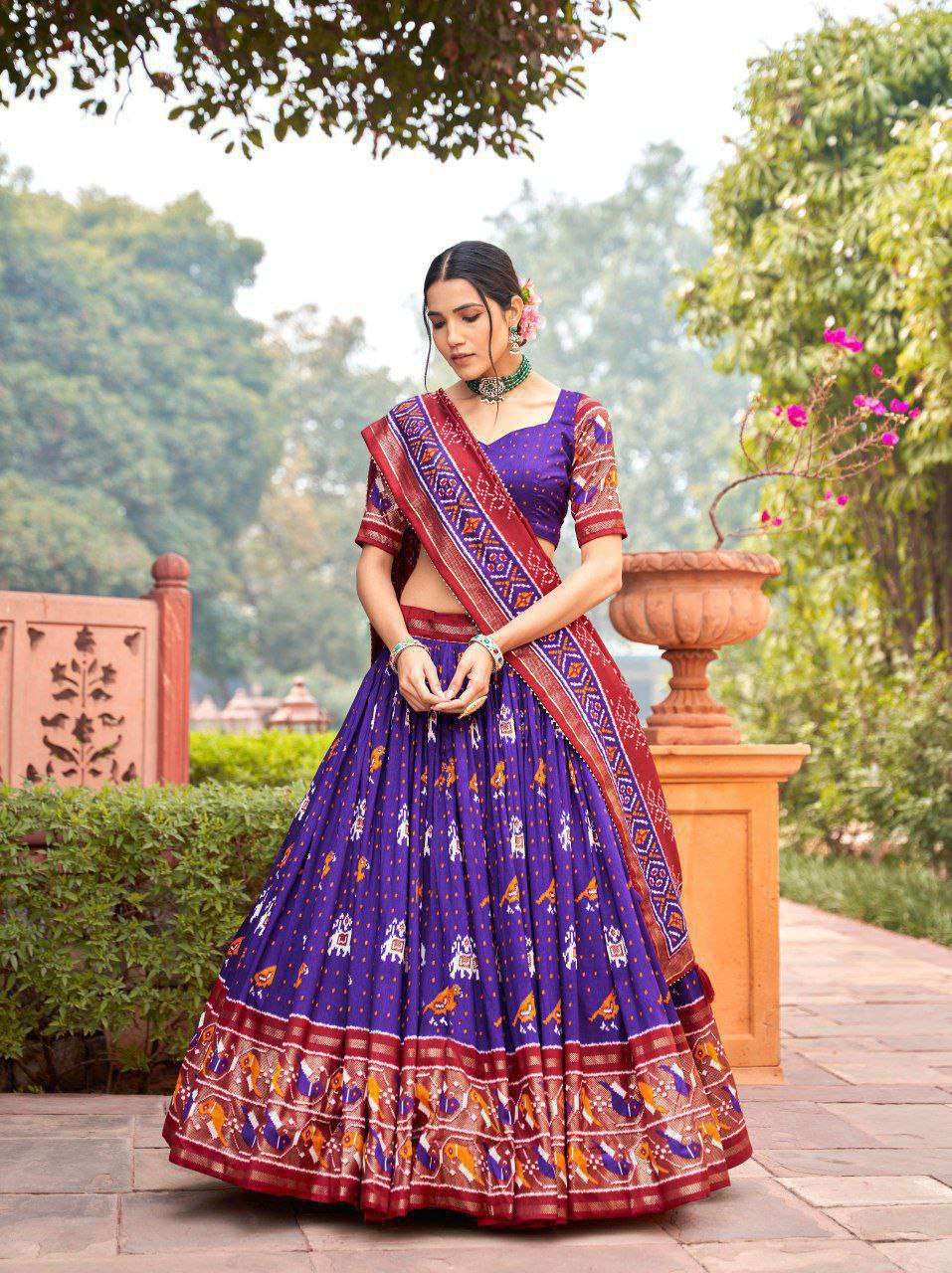 Blue Tussar Silk Lehenga Choli with Magenta Blue Blouse | Patola Print & Foil Work | Wedding & Festive Wear