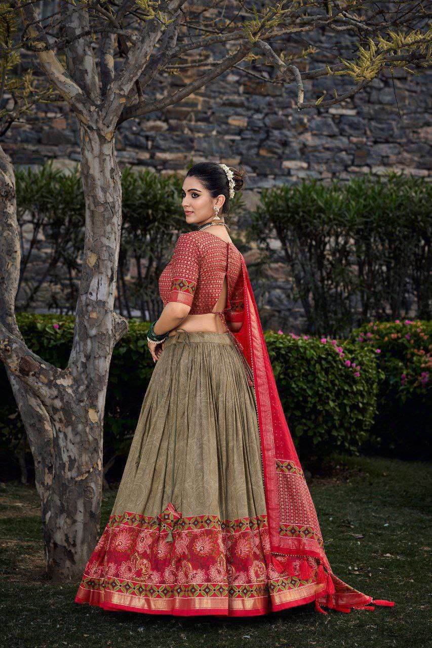 Green Tussar Silk Lehenga Choli with Red Blouse | Floral & Foil Print | Wedding & Festive Wear