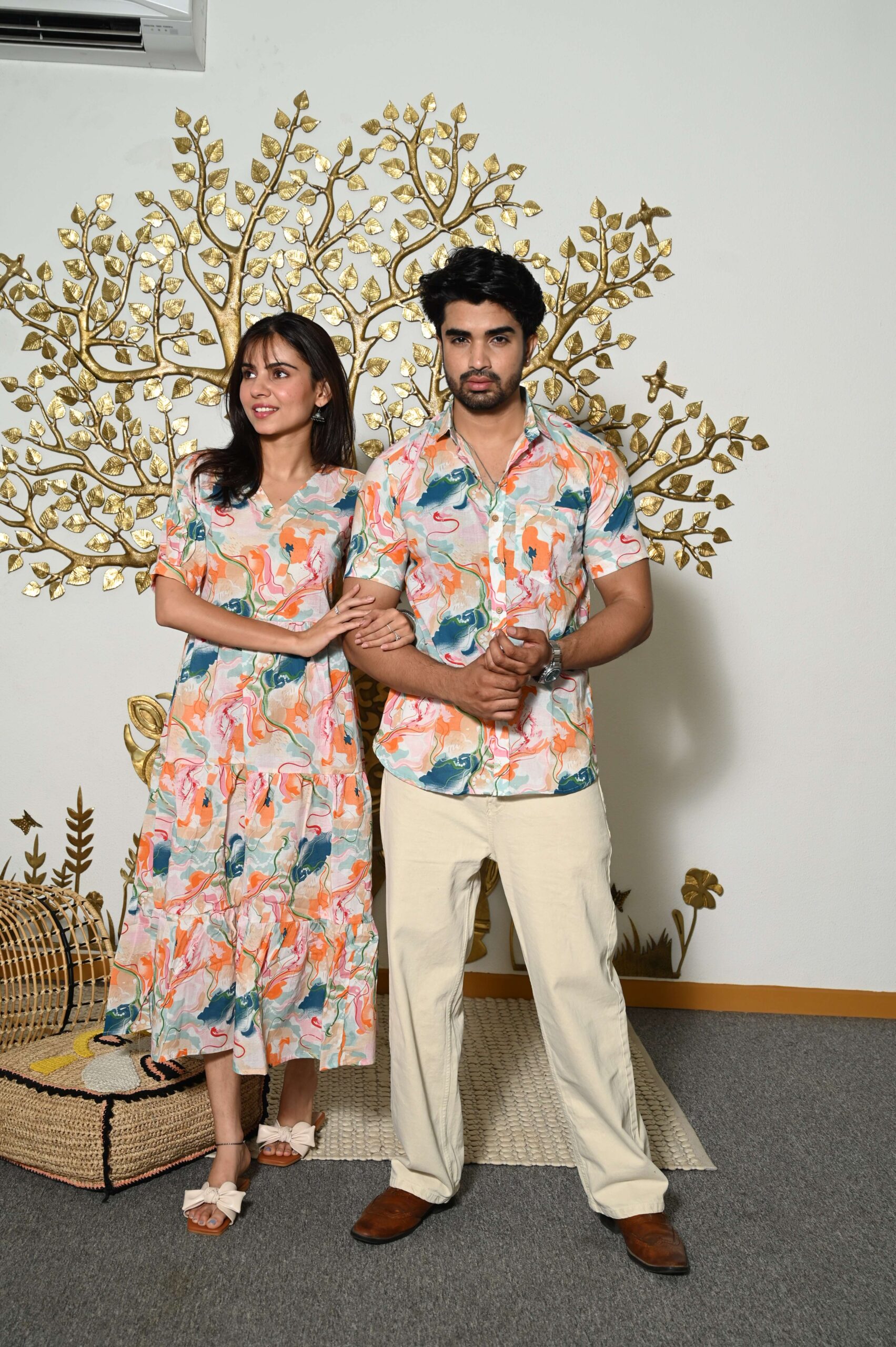 Couple Matching Abstract Print Cotton Anarkali Midi Dress & Shirt Set ? Multicolor Summer Outfit