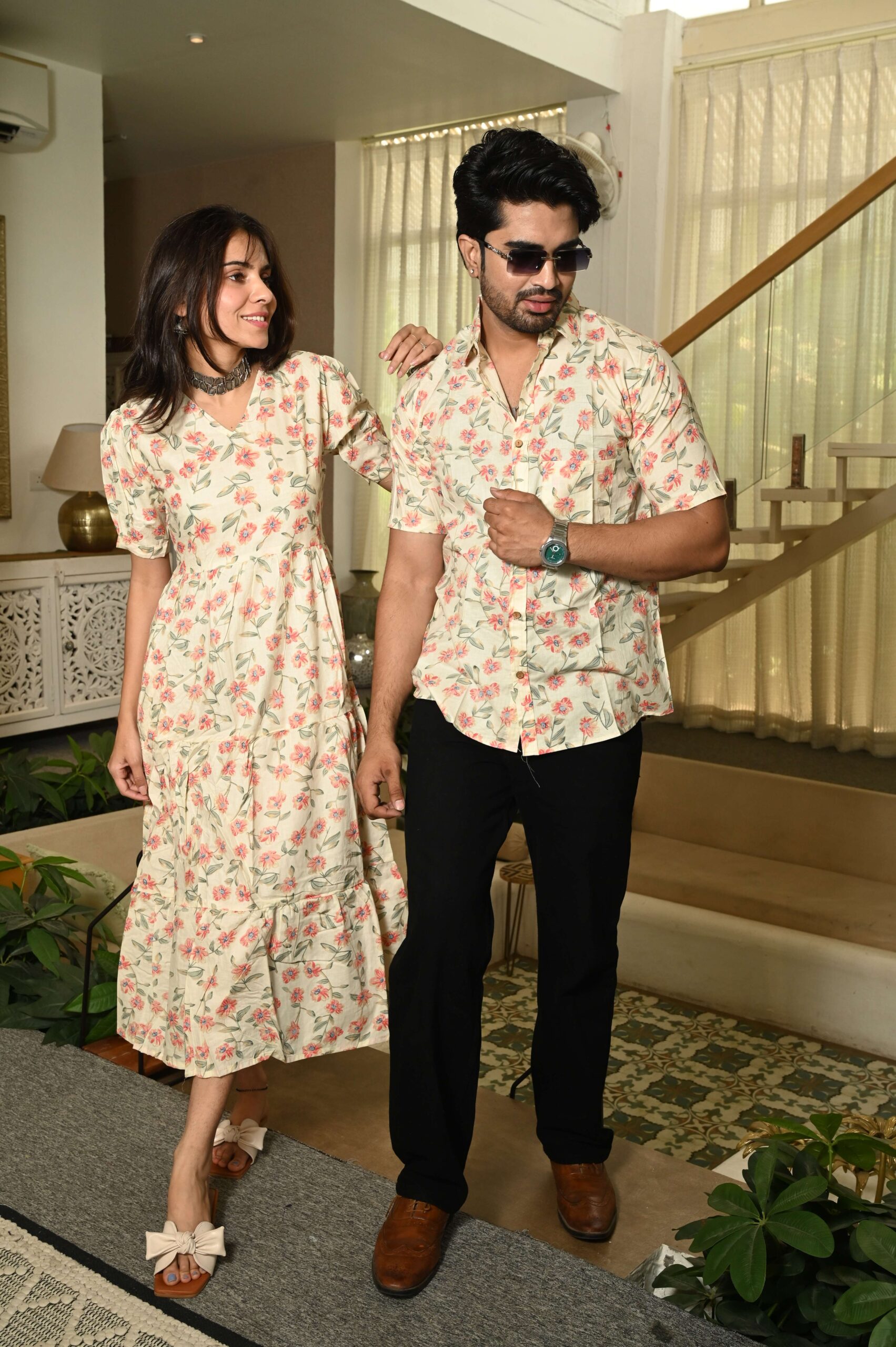 Couple Matching Cream floral Cotton Printed Anarkali Midi Dress & Shirt Set ? Casual & Festive Wear