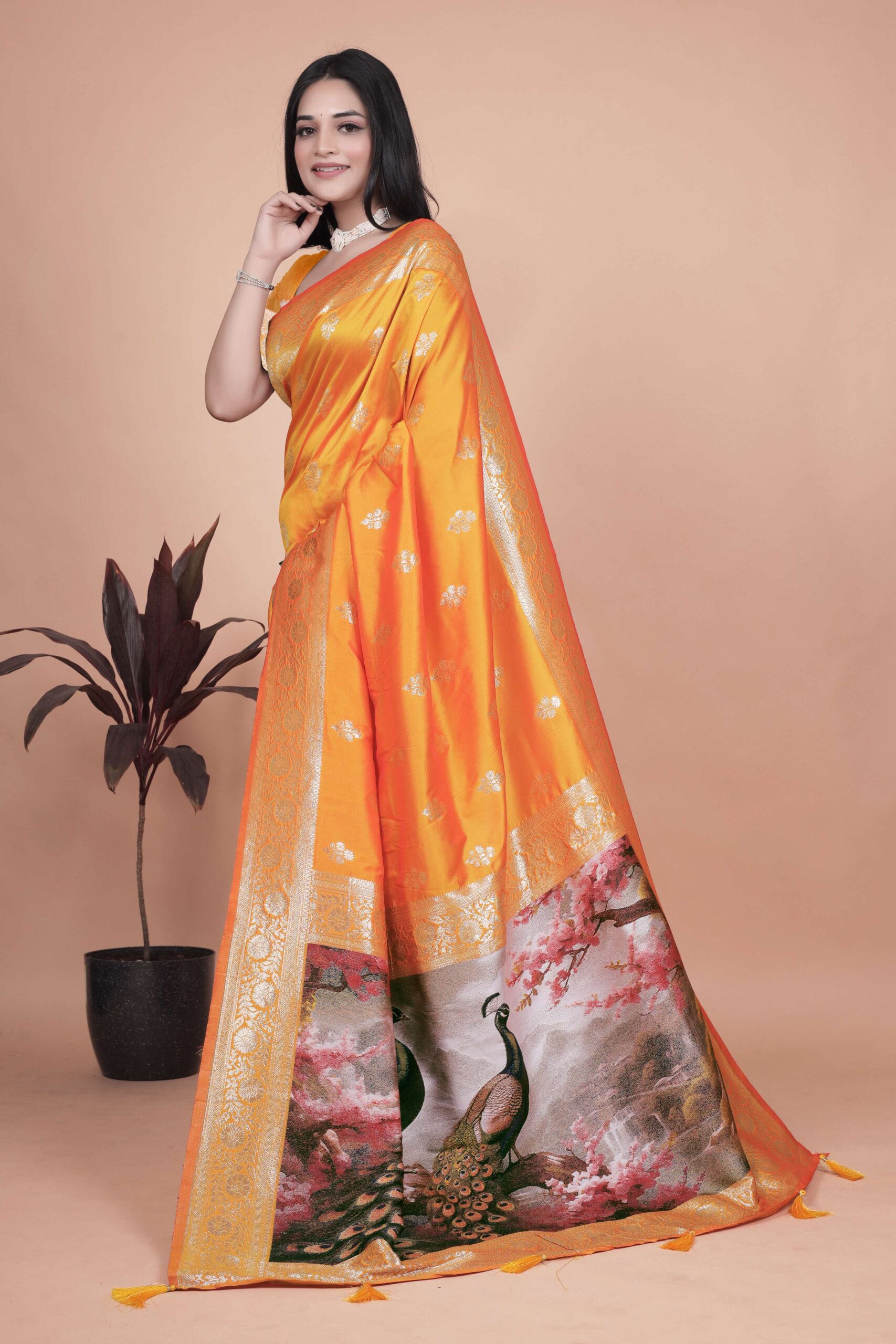 Radiant Orange Silk Saree with Golden Zari & Peacock Pallu | Festive, Wedding & Traditional Wear