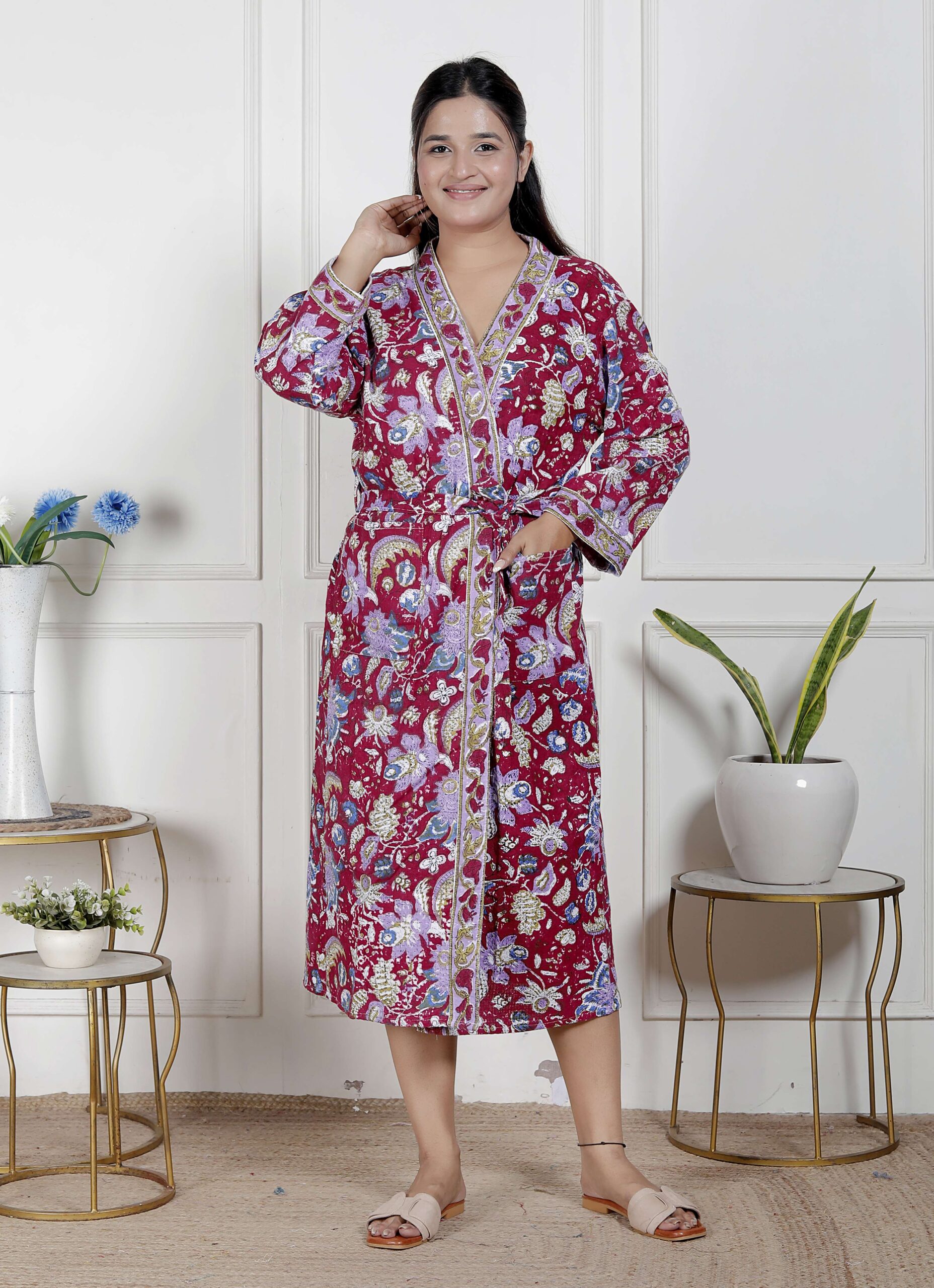 Handcrafted Cotton Block Printed Long Robe | Comfortable Loungewear & Bathrobe for Women
