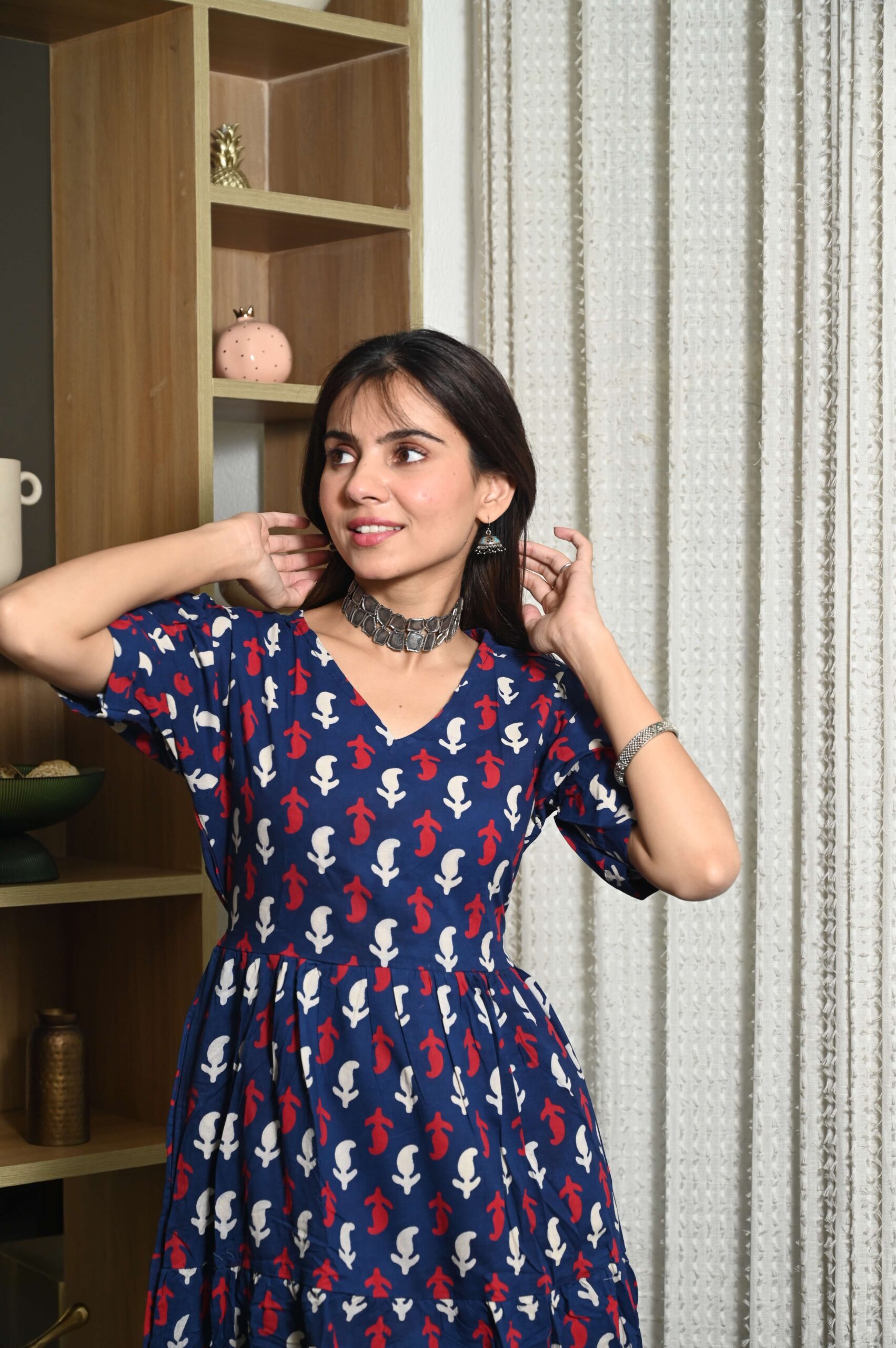 Navy Blue Floral Printed Cotton Anarkali Maxi Dress with Puff Sleeves Elegant Casual Wear