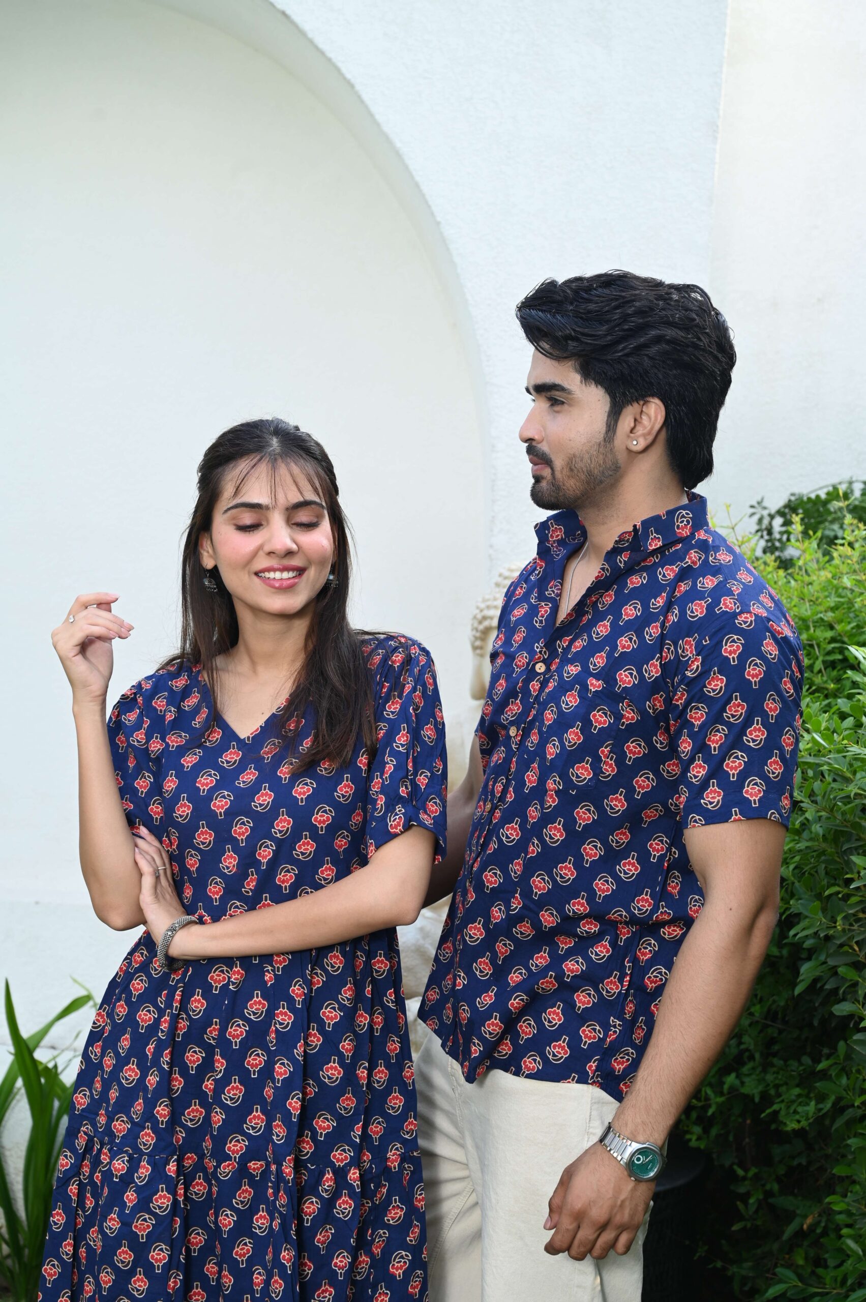 Couple Matching Navy Blue Cotton Printed Anarkali Midi Dress & Shirt Set ? Casual & Festive Wear