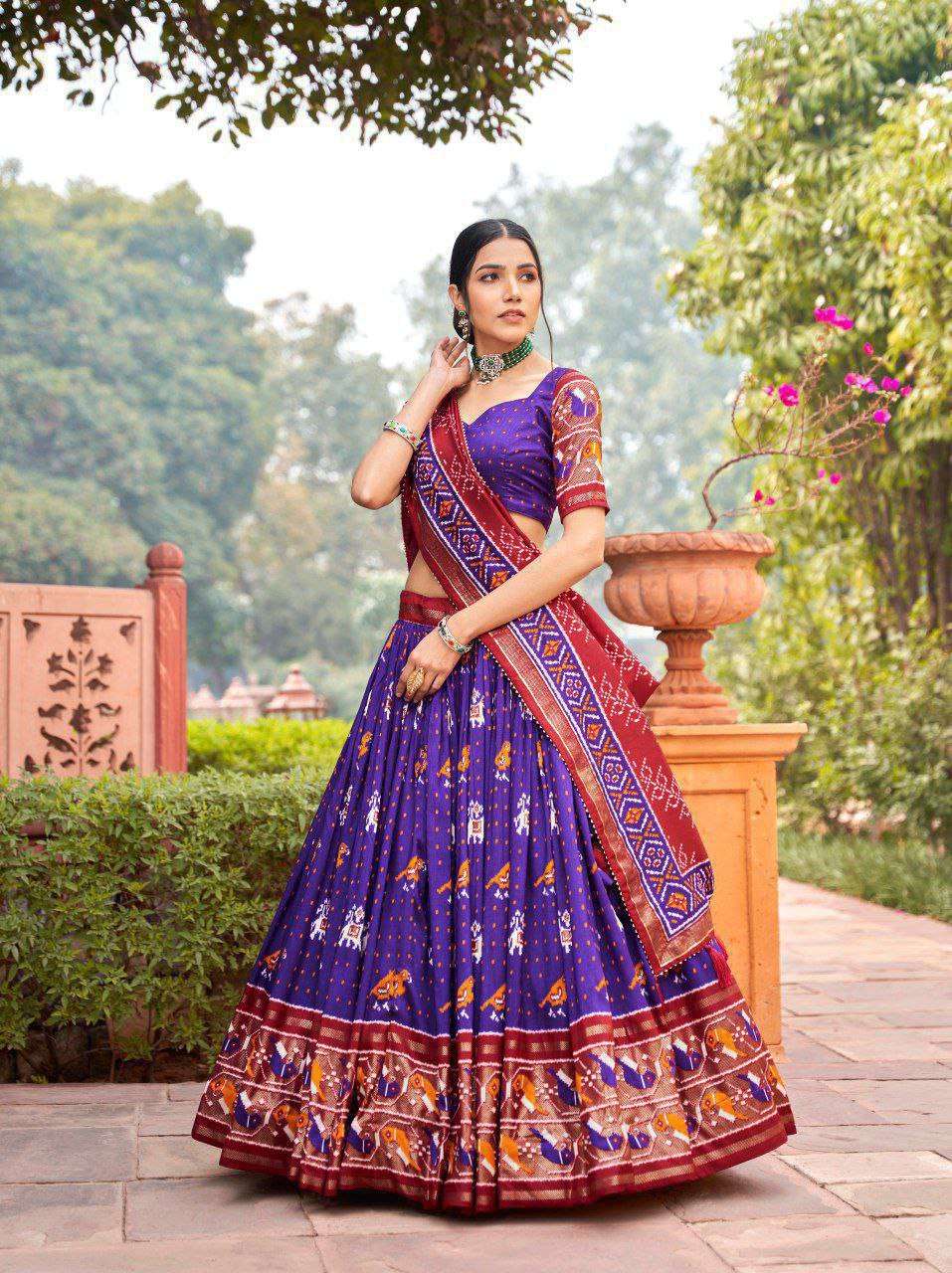Blue Tussar Silk Lehenga Choli with Magenta Blue Blouse | Patola Print & Foil Work | Wedding & Festive Wear