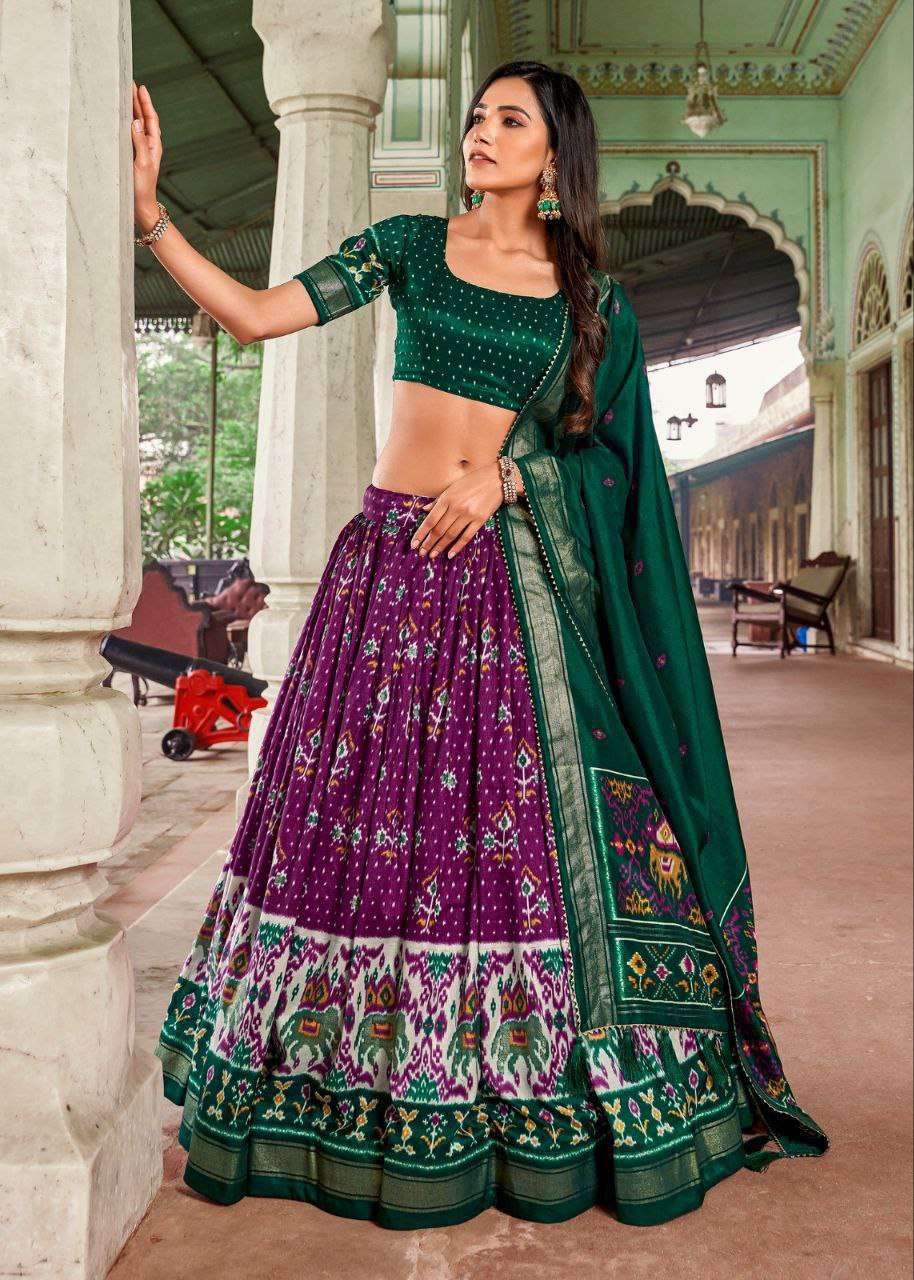 Purple Tussar Silk Lehenga Choli with Green Blouse | Minakari & Foil Print | Wedding & Festive Wear