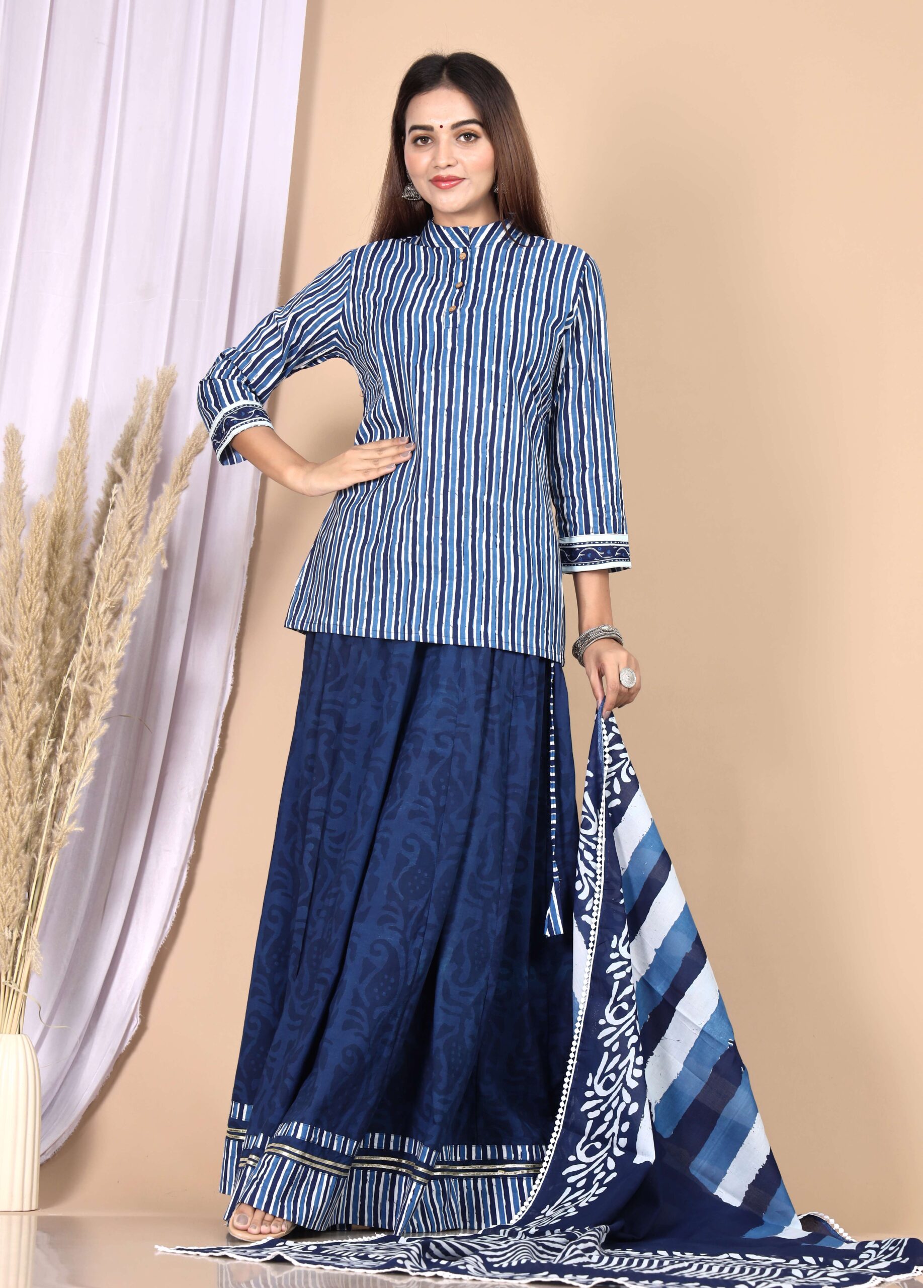 Women’s Blue Cotton Printed Lehenga Choli Dupatta Set