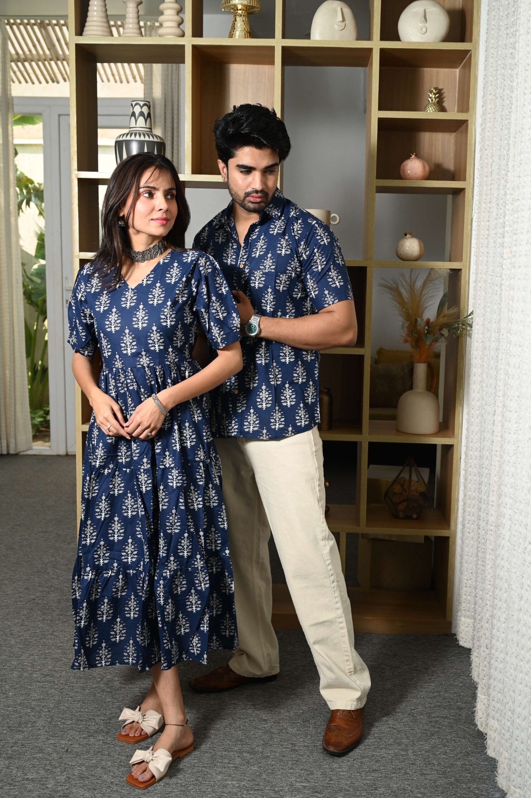 Couple Matching Navy-Blue Printed Cotton Anarkali Midi Dress & Shirt Set ? Summer Casual Wear