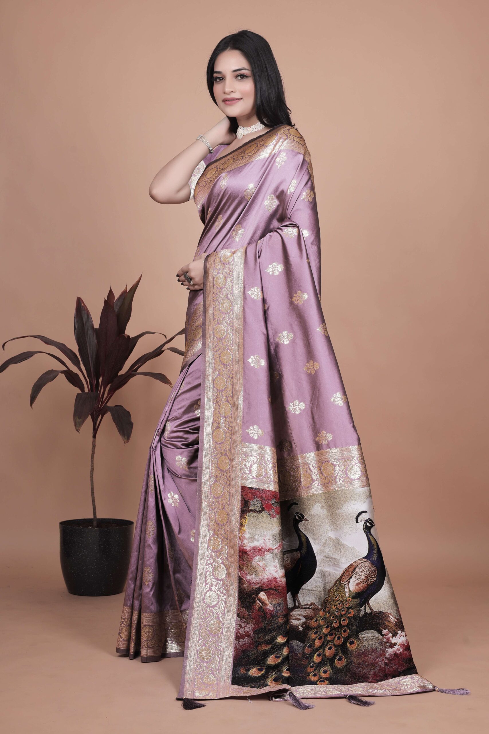 Lavender Banarasi Silk Saree with Golden Zari & Peacock Motif Pallu | Wedding, Festive & Traditional Wear
