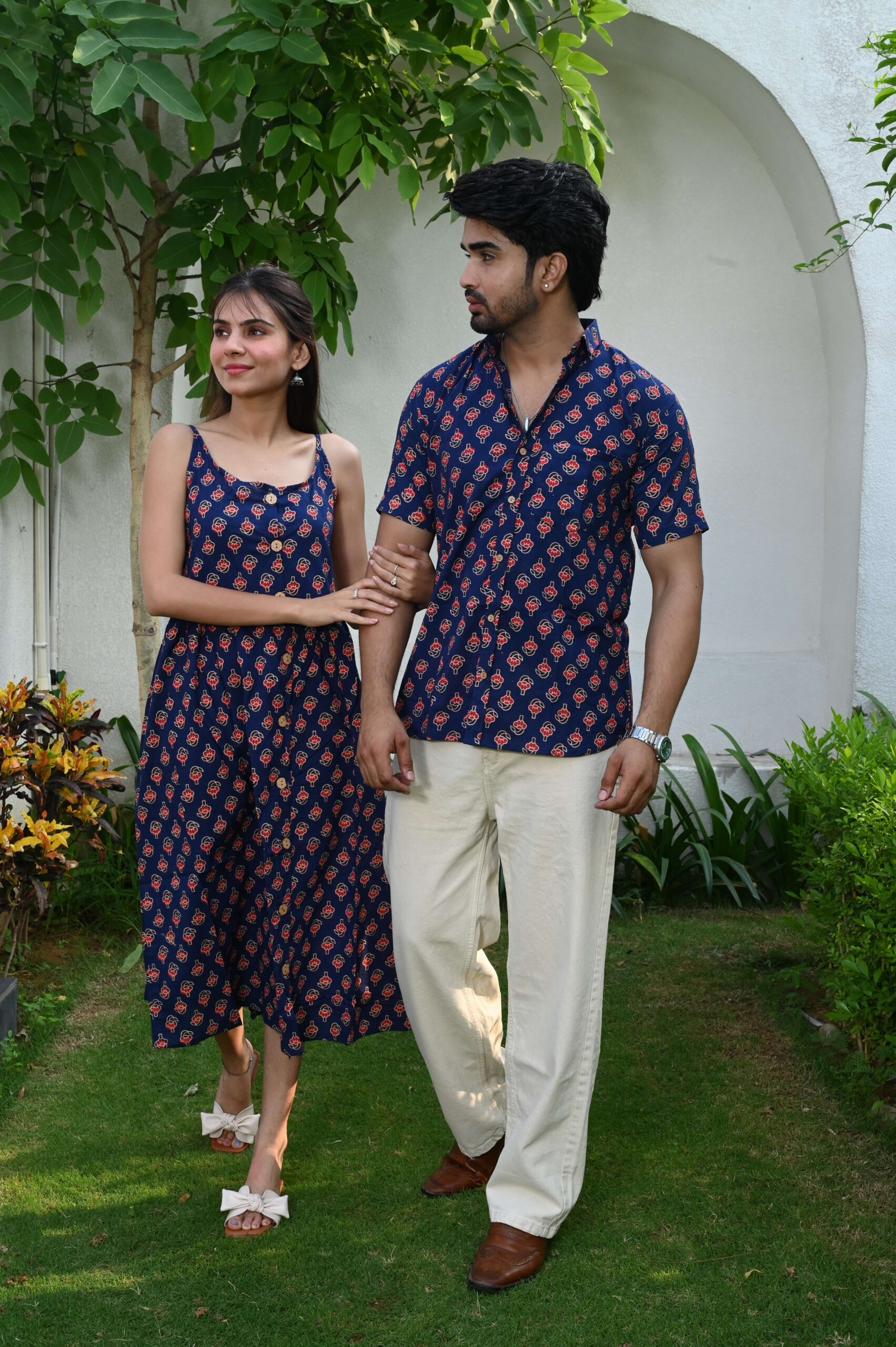 Couple Matching Outfit ? Navy Blue Cotton Printed Midi Dress & Shirt Set, Summer Casual Wear