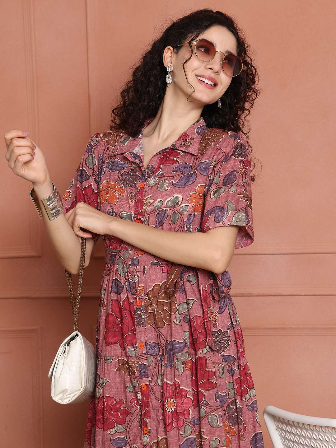 Women's Cotton Printed A-Line Midi Dress | Short Sleeve Flared Gown Dress (Pink)