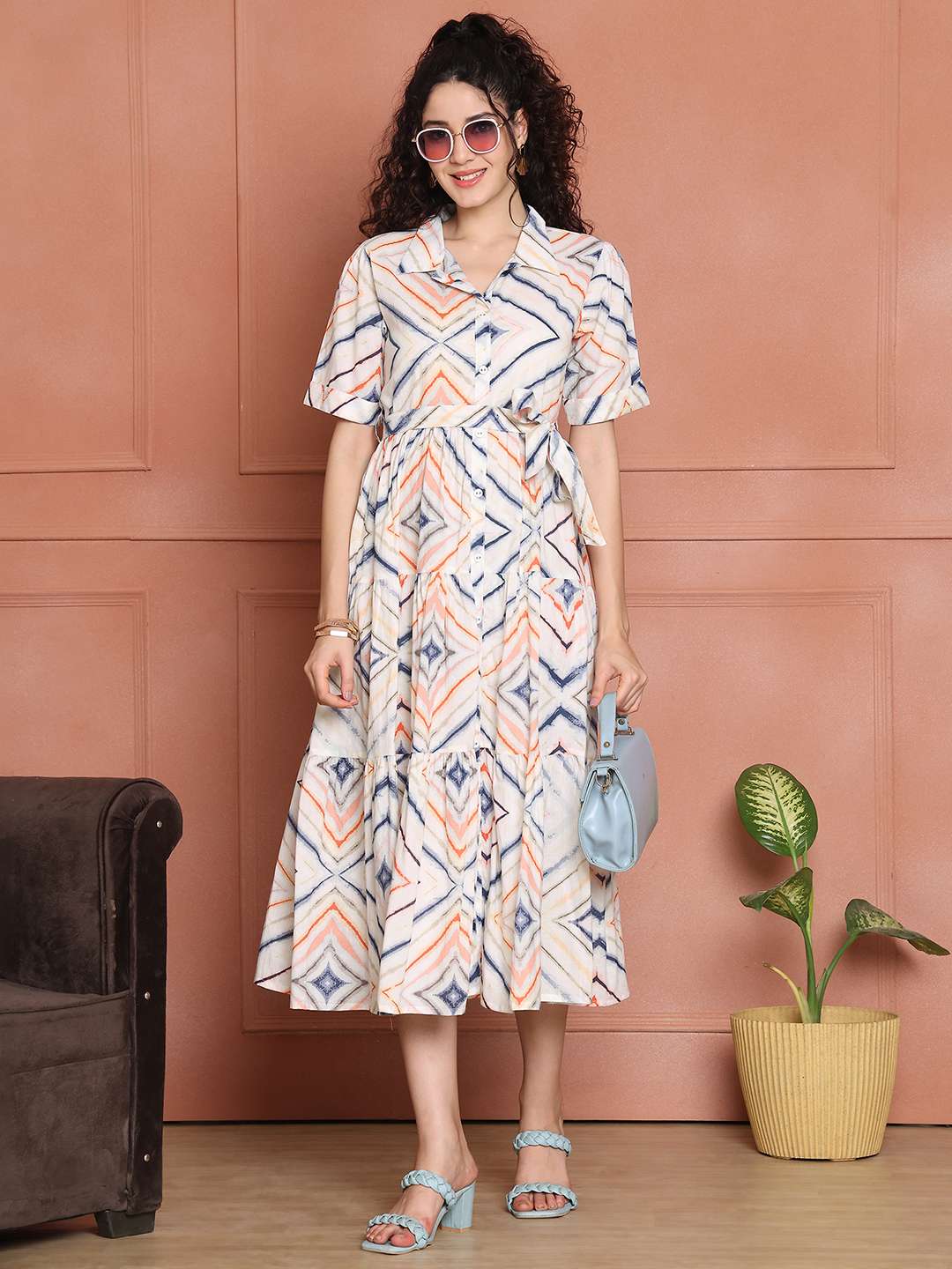 Women's Cotton Printed A-Line Midi Dress | Short Sleeve Flared Gown Dress (White)