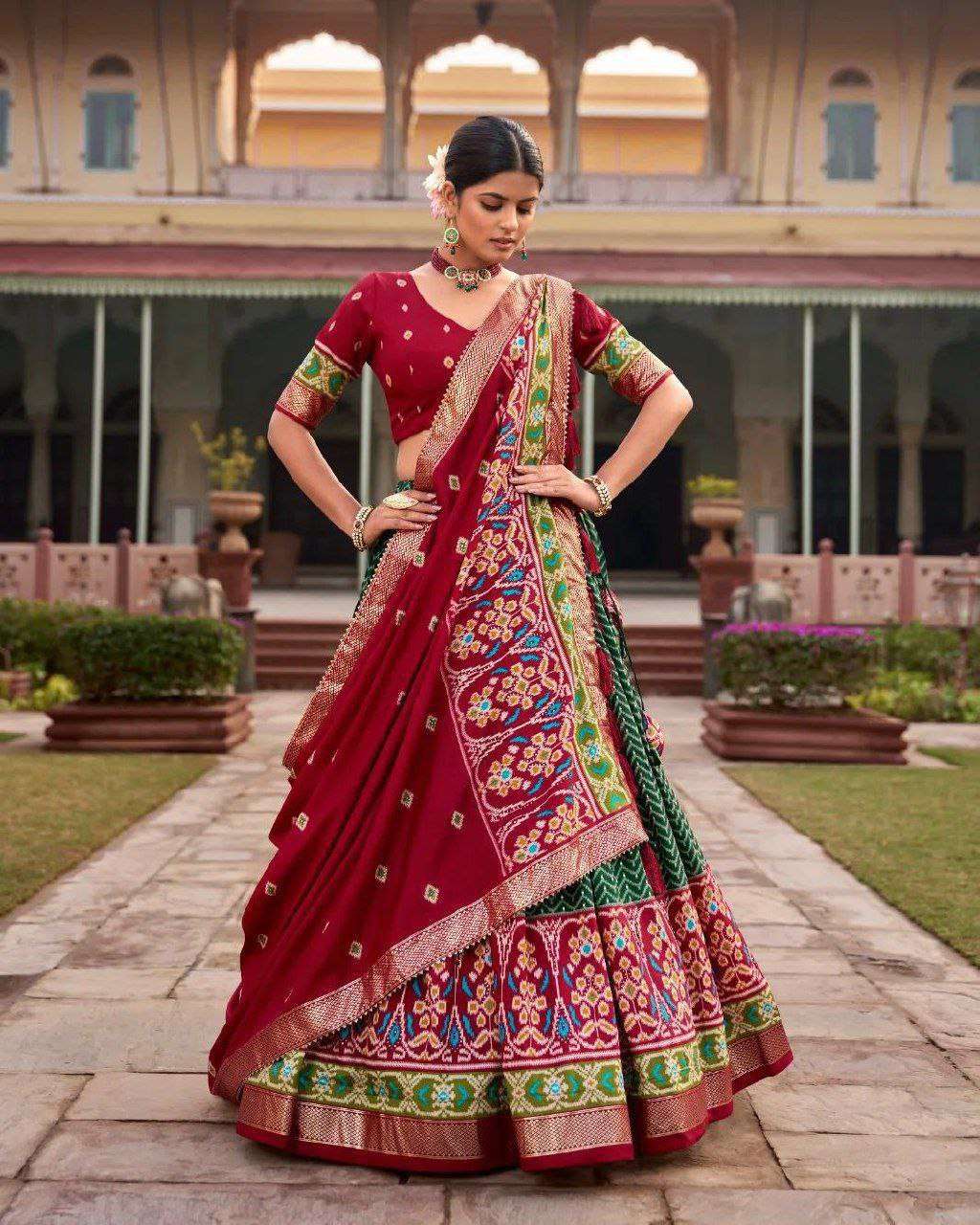 Dark Green Tussar Silk Lehenga Choli with Maroon Blouse | Patola Print & Foil Work | Wedding & Festive Wear