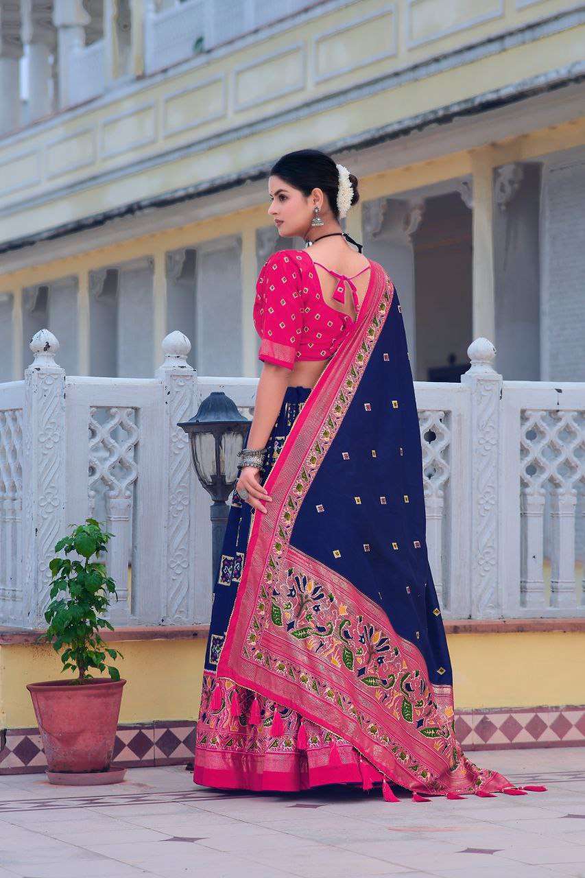 Blue Tussar Silk Lehenga Choli with Pink Blouse | Bandhani Peacock & Foil Print | Wedding & Festive Wear