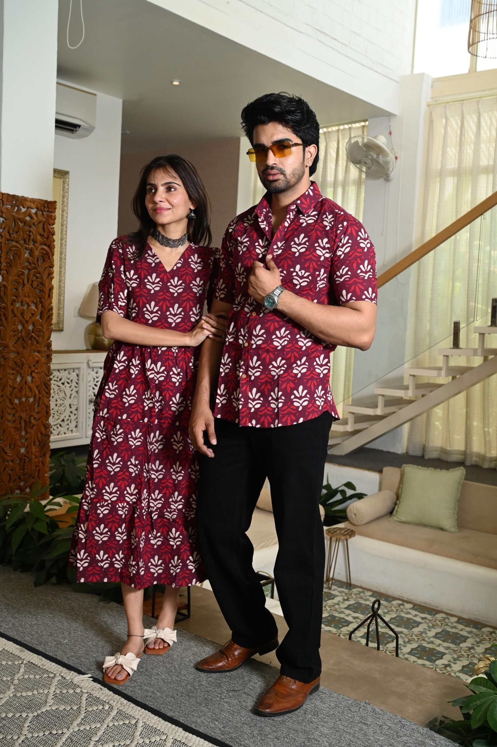 Couple Matching Maroon Cotton Printed Anarkali Midi Dress & Shirt Set ? Casual & Festive Wear