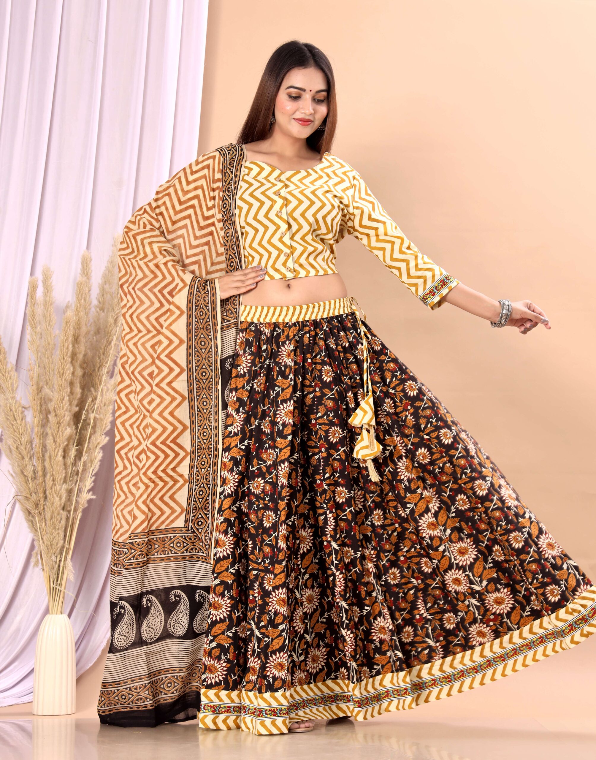 Women’s Mustard Yellow Cotton Printed Lehenga Choli Dupatta Set