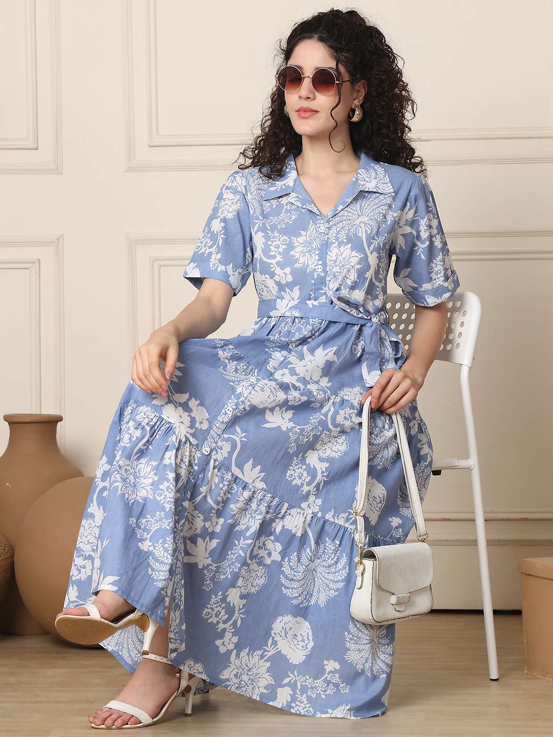 Women's Cotton Printed A-Line Midi Dress | Short Sleeve Flared Gown Dress (Sky Blue)