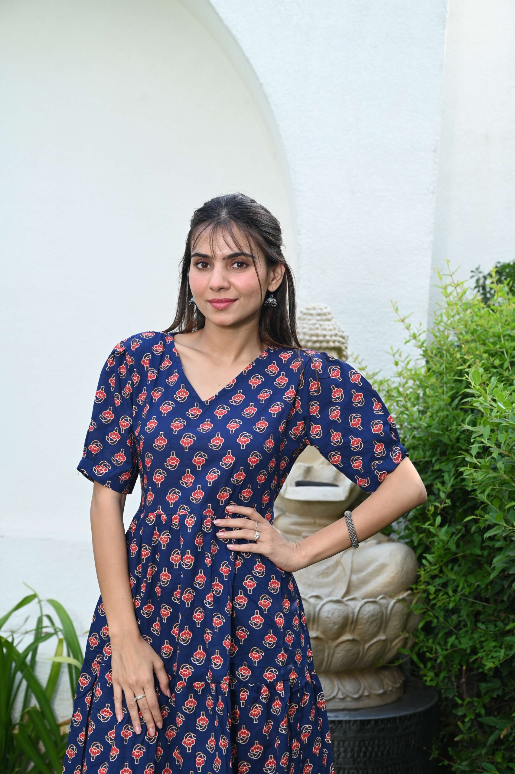 Navy Blue Floral Printed Cotton Anarkali Maxi Dress with Puff Sleeves Elegant Casual Wear