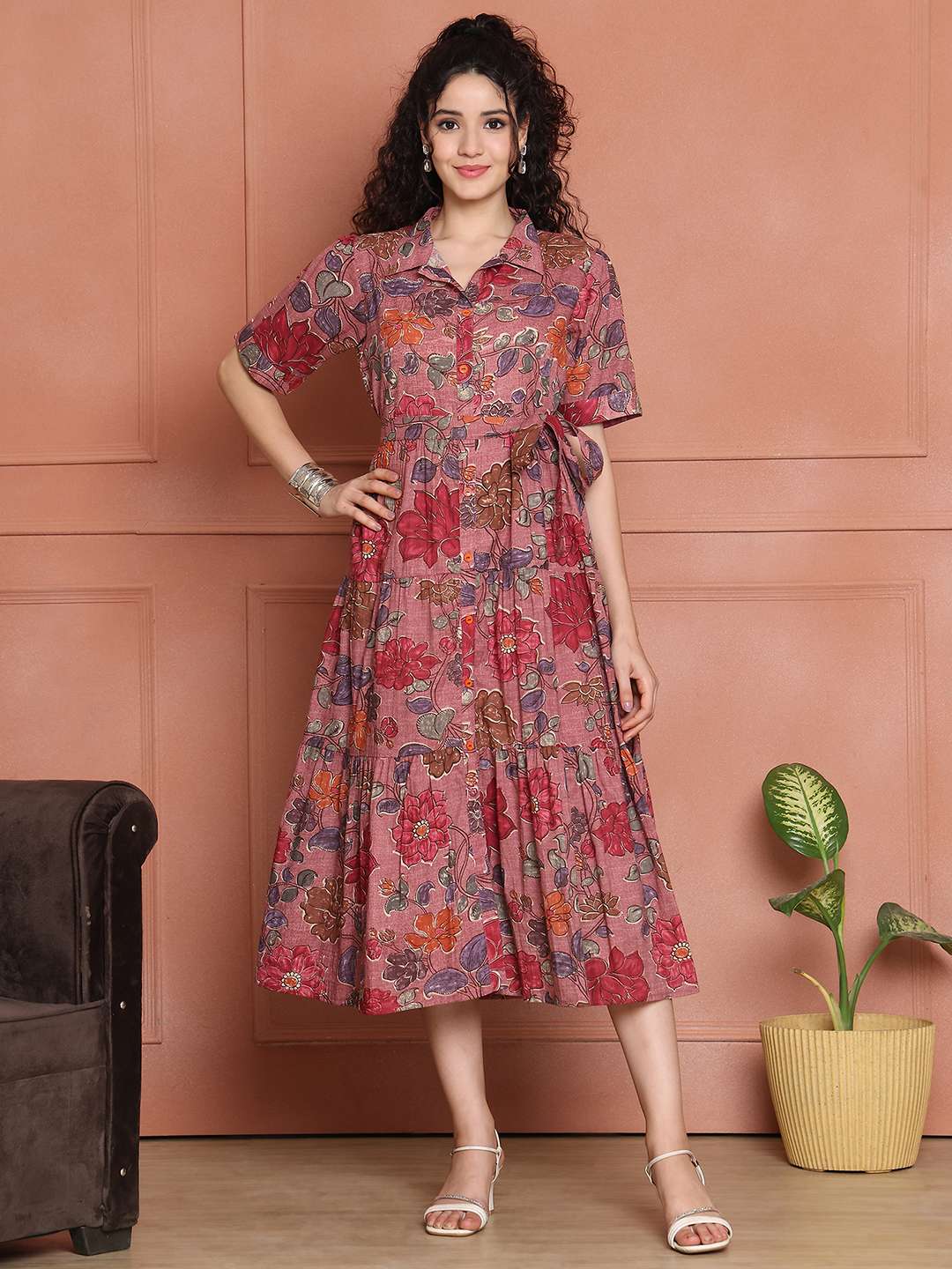 Women's Cotton Printed A-Line Midi Dress | Short Sleeve Flared Gown Dress (Pink)
