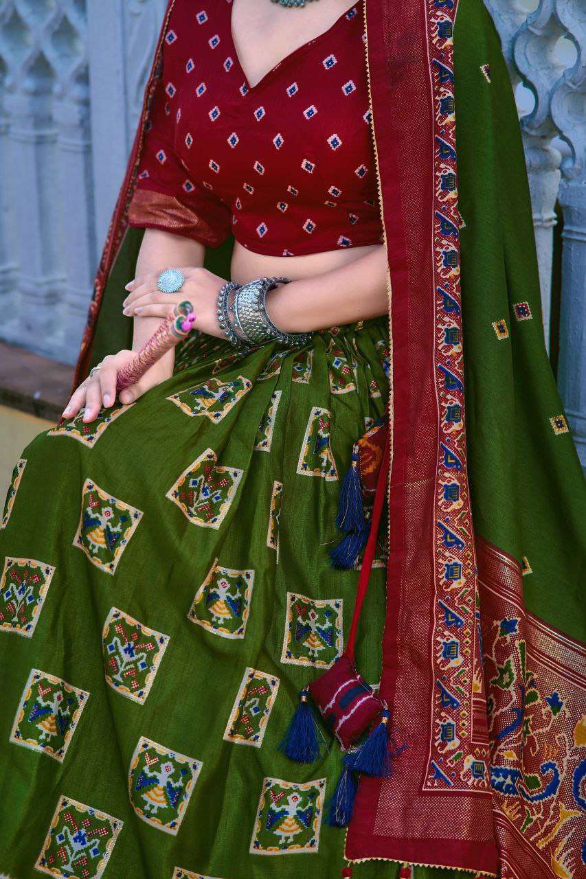 Mehndi Green Tussar Silk Lehenga Choli with Maroon Blouse | Bandhani Peacock & Foil Print | Wedding & Festive Wear